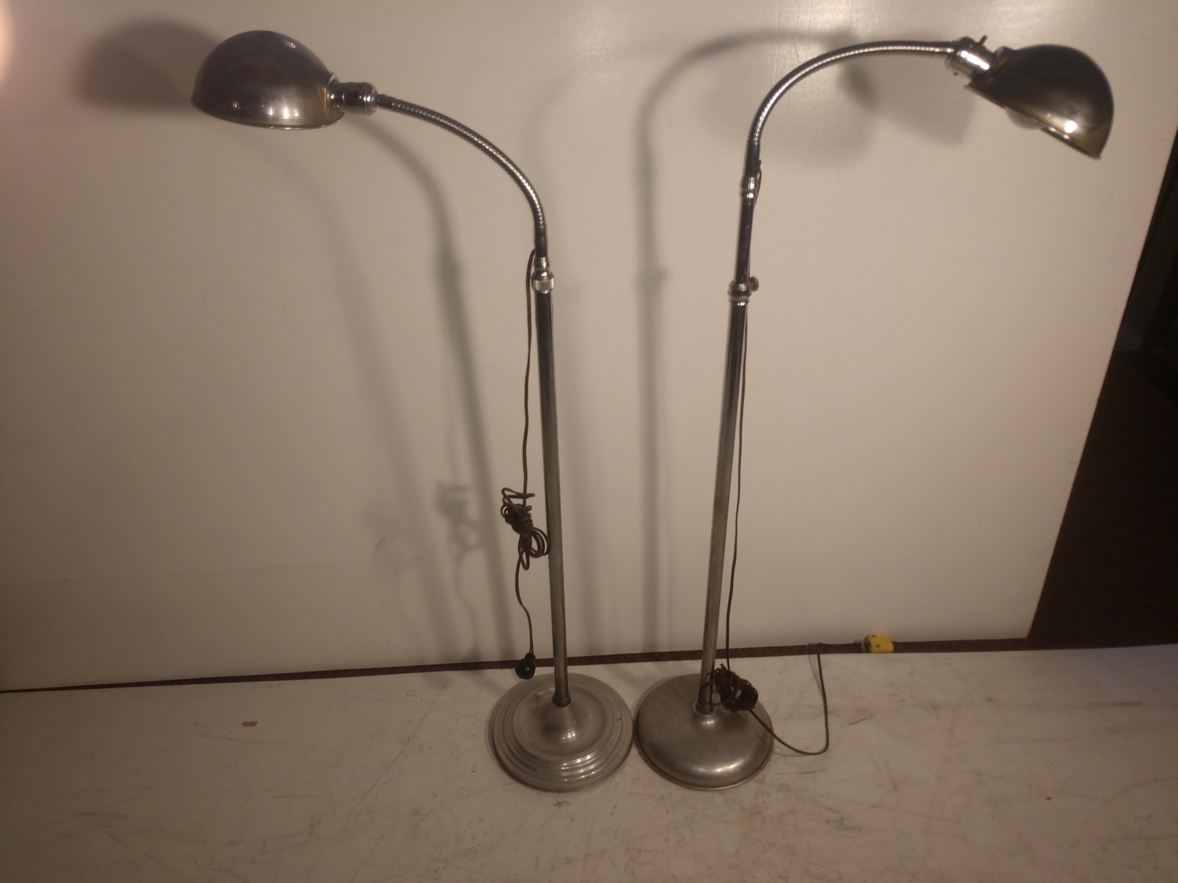 Aluminum Pair of Mid Century Adjustable Pharmacy Reading Floor Lamps