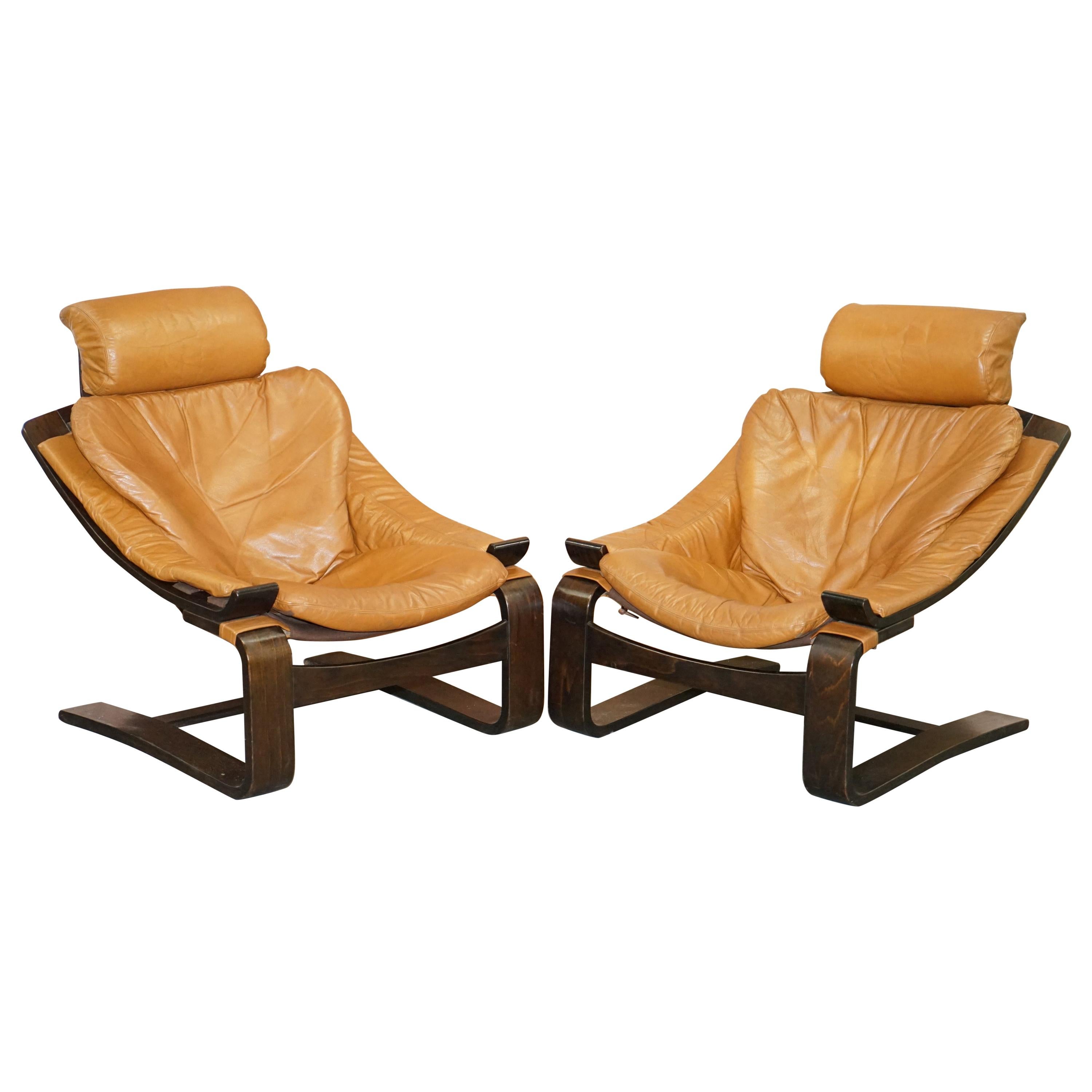 Pair of Midcentury Ake Fribytter Cognac Leather Nelo Mobel Sewdish Armchairs For Sale