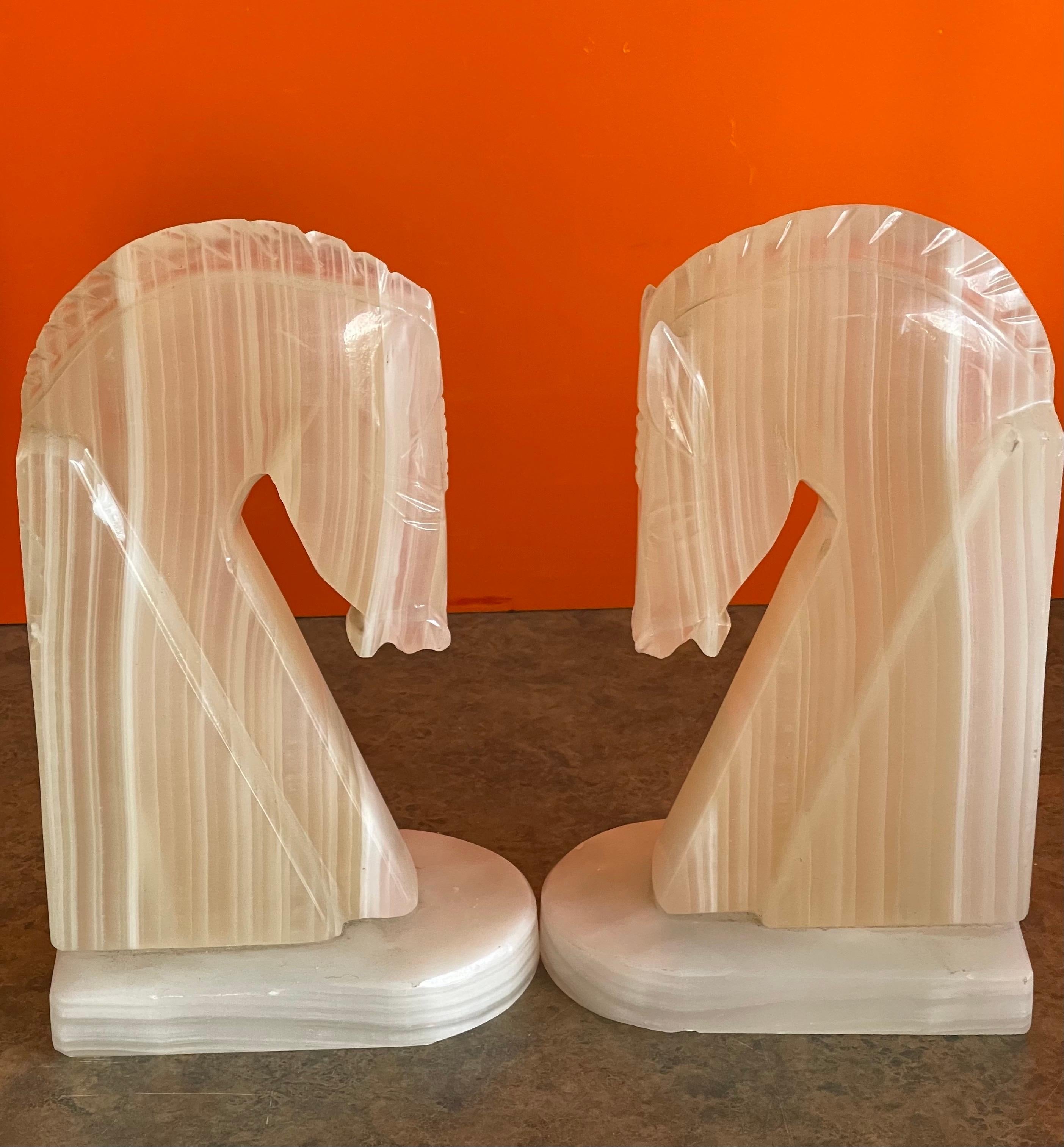 American Pair of Mid-Century Alabaster Horse Head Bookends