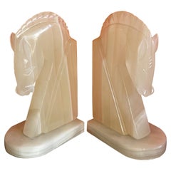 Vintage Pair of Mid-Century Alabaster Horse Head Bookends