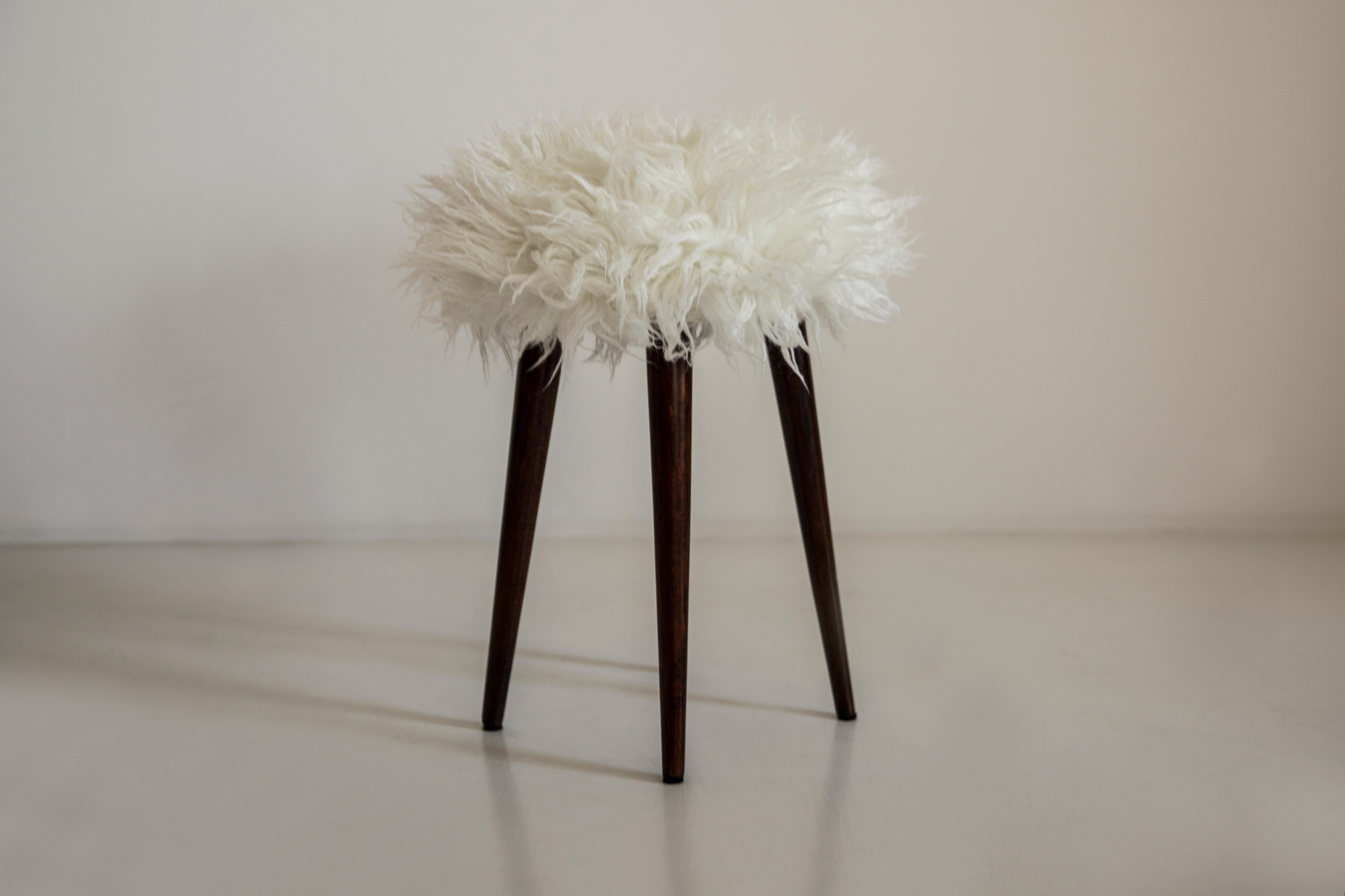 Hand-Crafted Pair of Mid Century Alpaca White Faux Fur Stools, Europe, 1960s For Sale