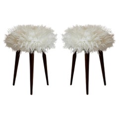 Pair of Mid Century Alpaca White Faux Fur Stools, Europe, 1960s