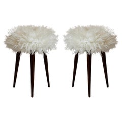 Pair of Mid Century Alpaca White Faux Fur Stools, Europe, 1960s