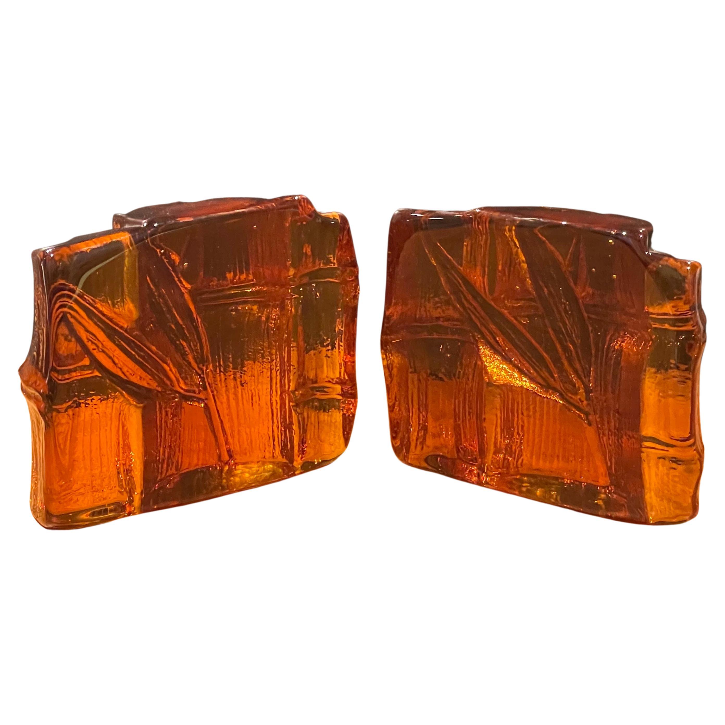 Mid-Century Modern Pair of Midcentury Amber Glass Bamboo Shaft Bookends by Blenko