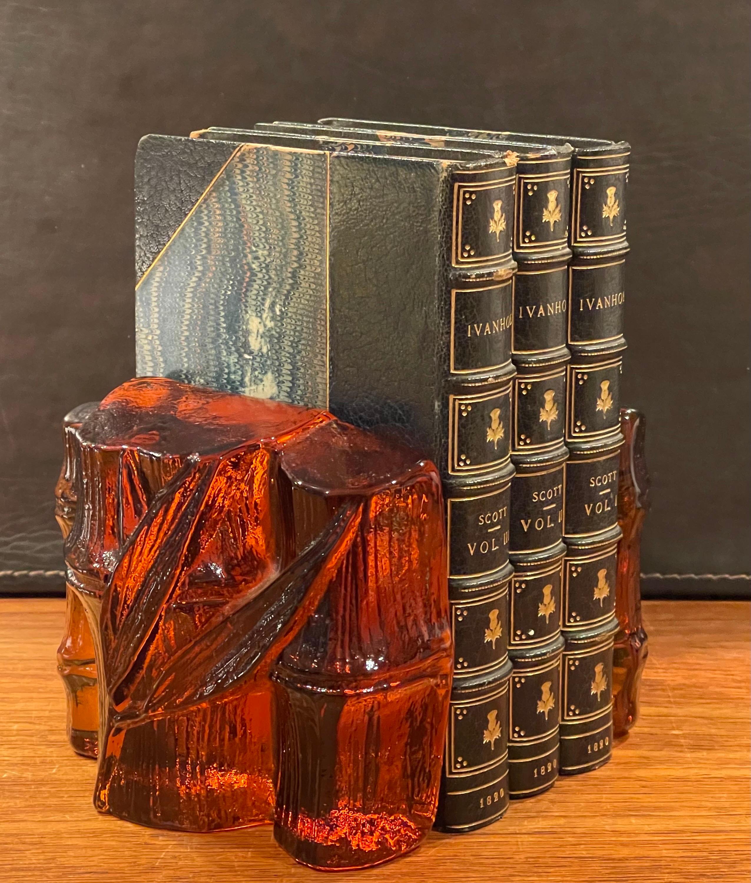 North American Pair of Midcentury Amber Glass Bamboo Shaft Bookends by Blenko