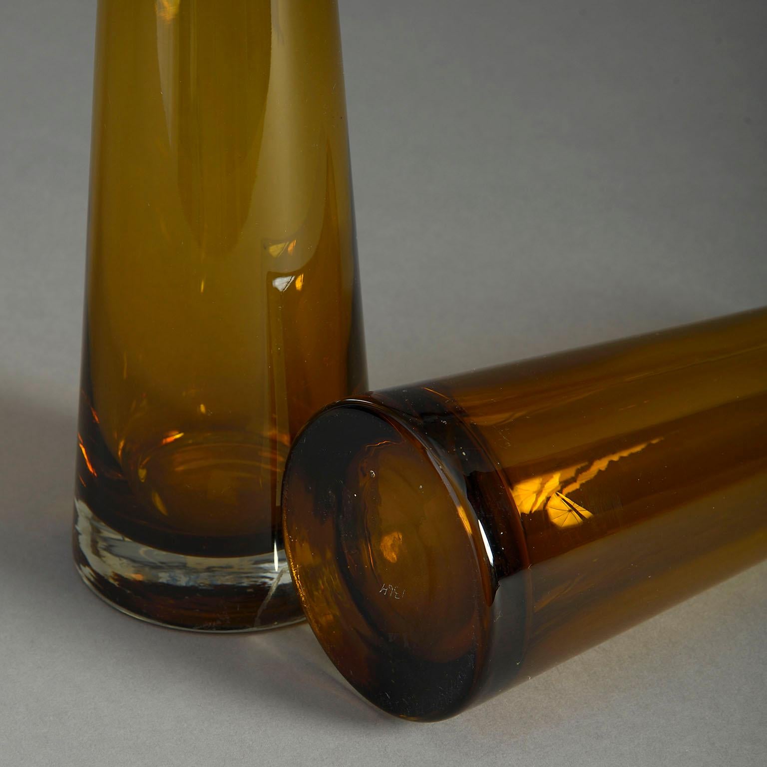 Molded Pair of Mid-Century Amber Glass Vases For Sale