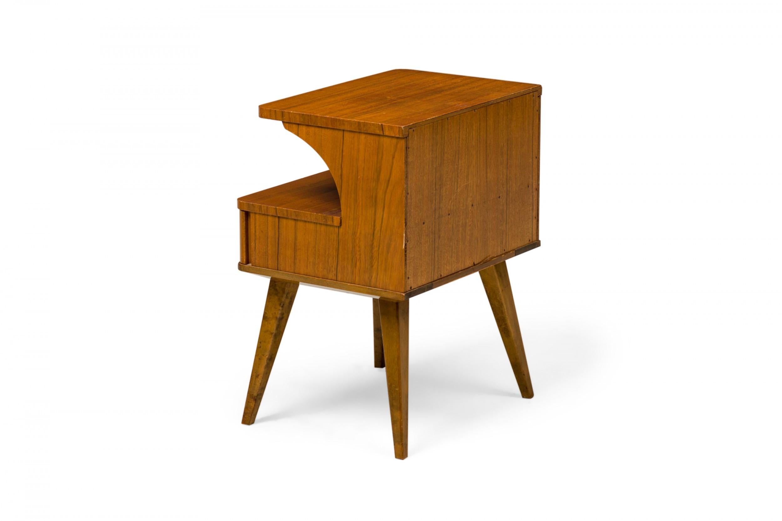 Hand-Crafted Pair of Mid-Century American 2-Tiered Walnut Nightstands with Pullout Drawers For Sale