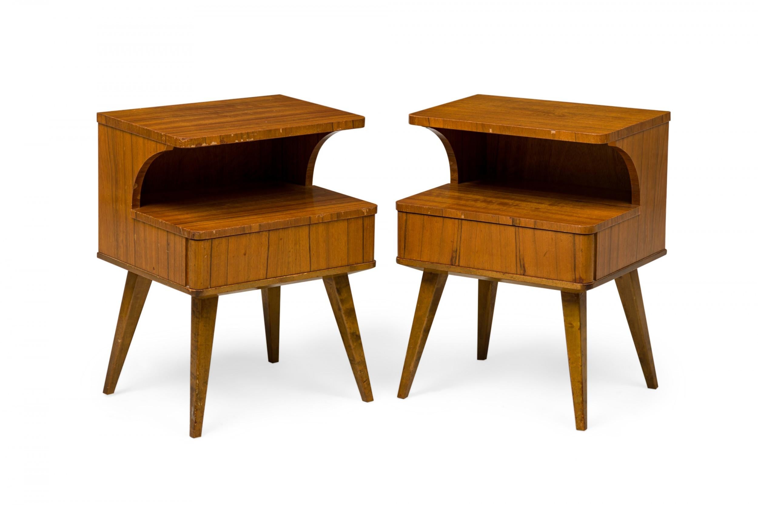 Pair of Mid-Century American 2-Tiered Walnut Nightstands with Pullout Drawers For Sale 3