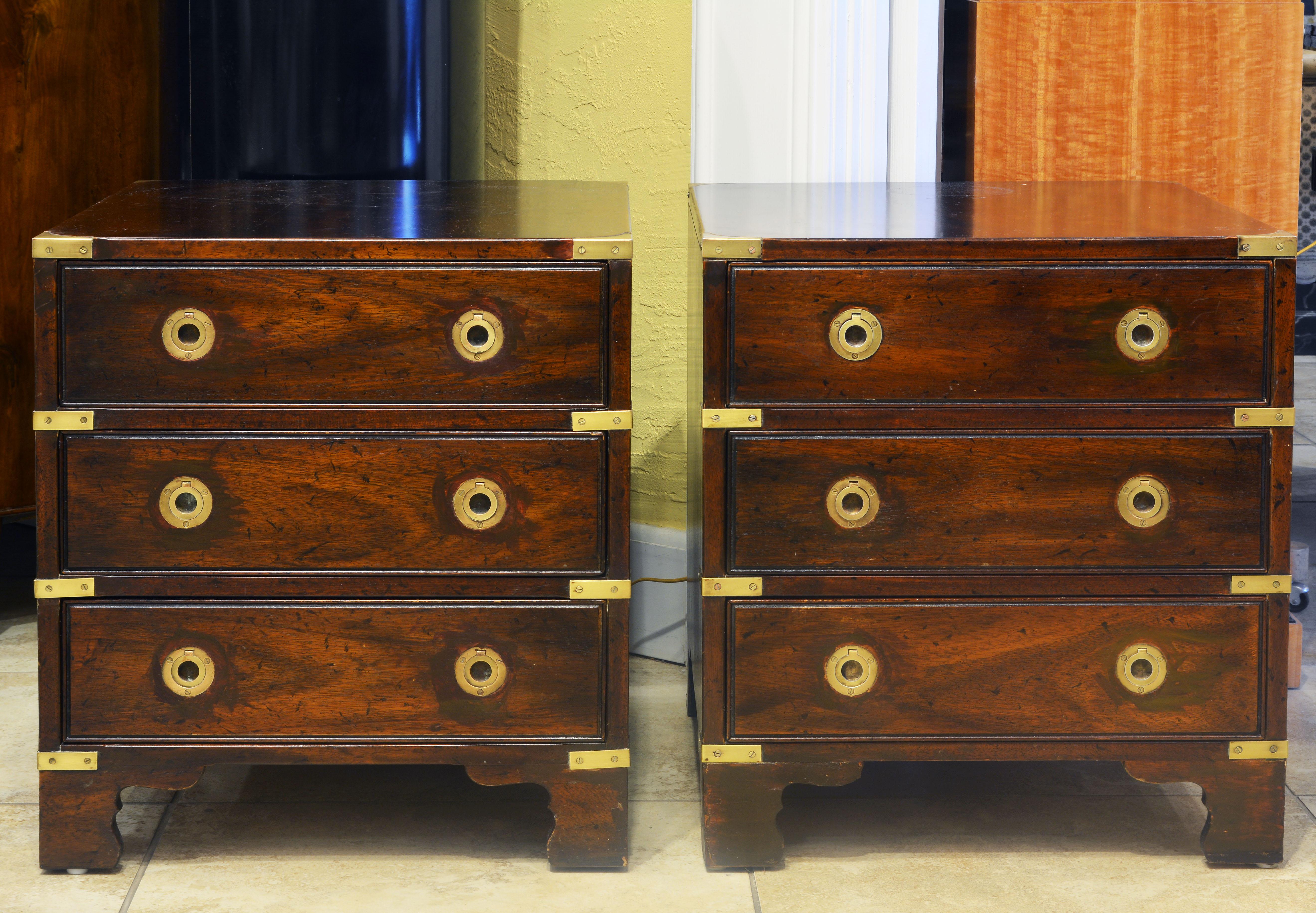 American Pair of Midcentury Mahogany Campaign Style Three Drawer Chests w. Brass Accents