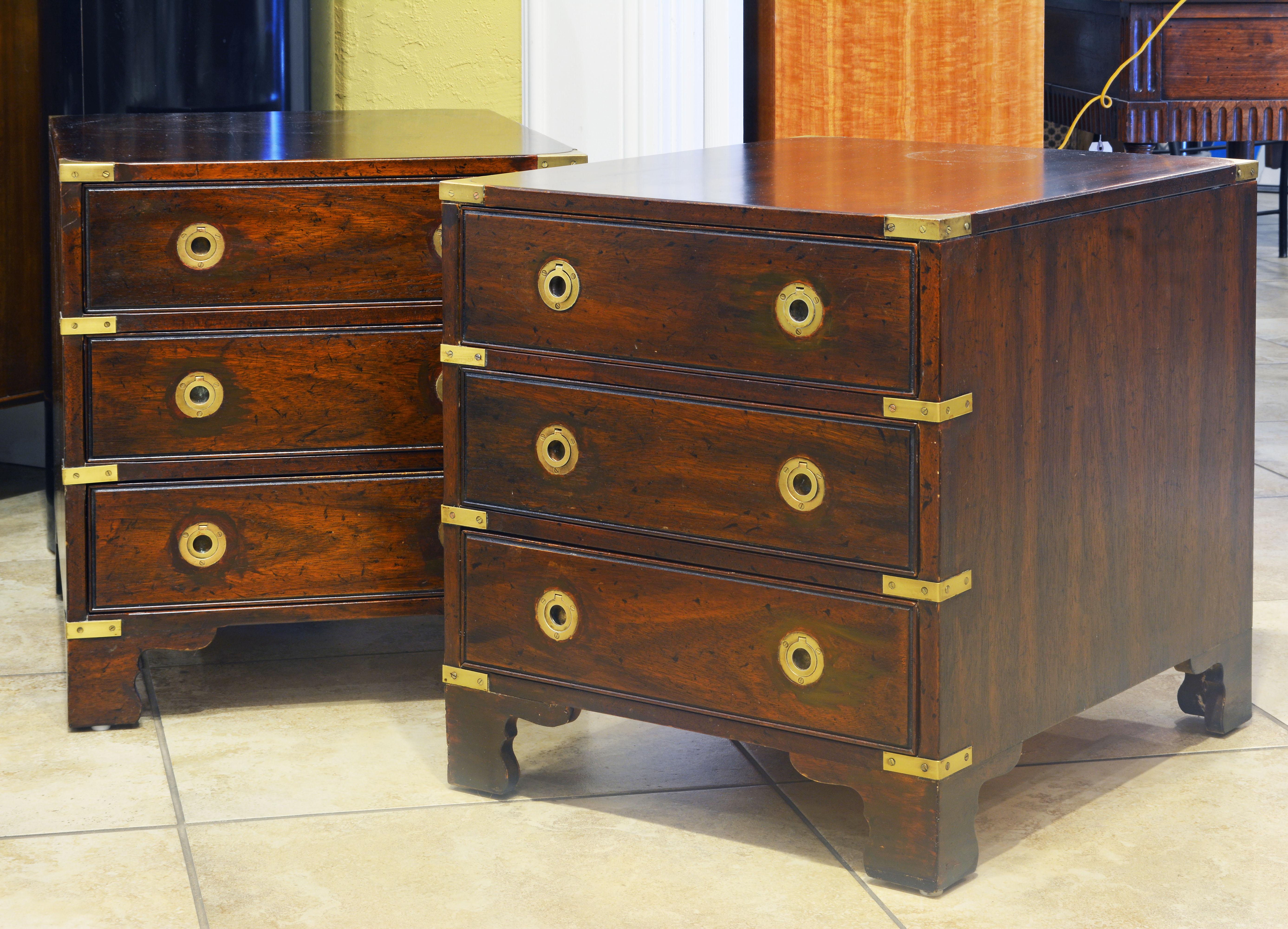 Polished Pair of Midcentury Mahogany Campaign Style Three Drawer Chests w. Brass Accents