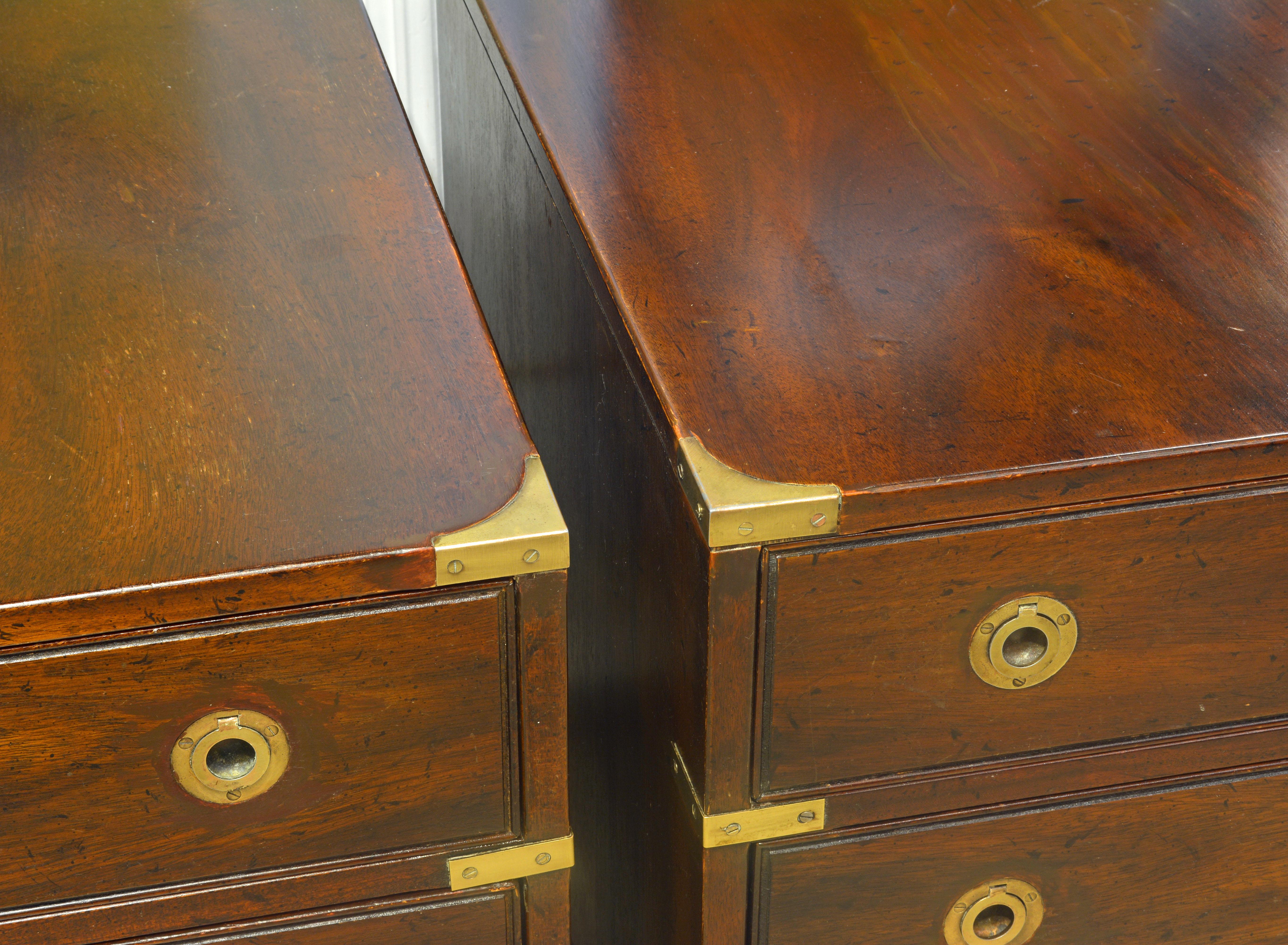 20th Century Pair of Midcentury Mahogany Campaign Style Three Drawer Chests w. Brass Accents