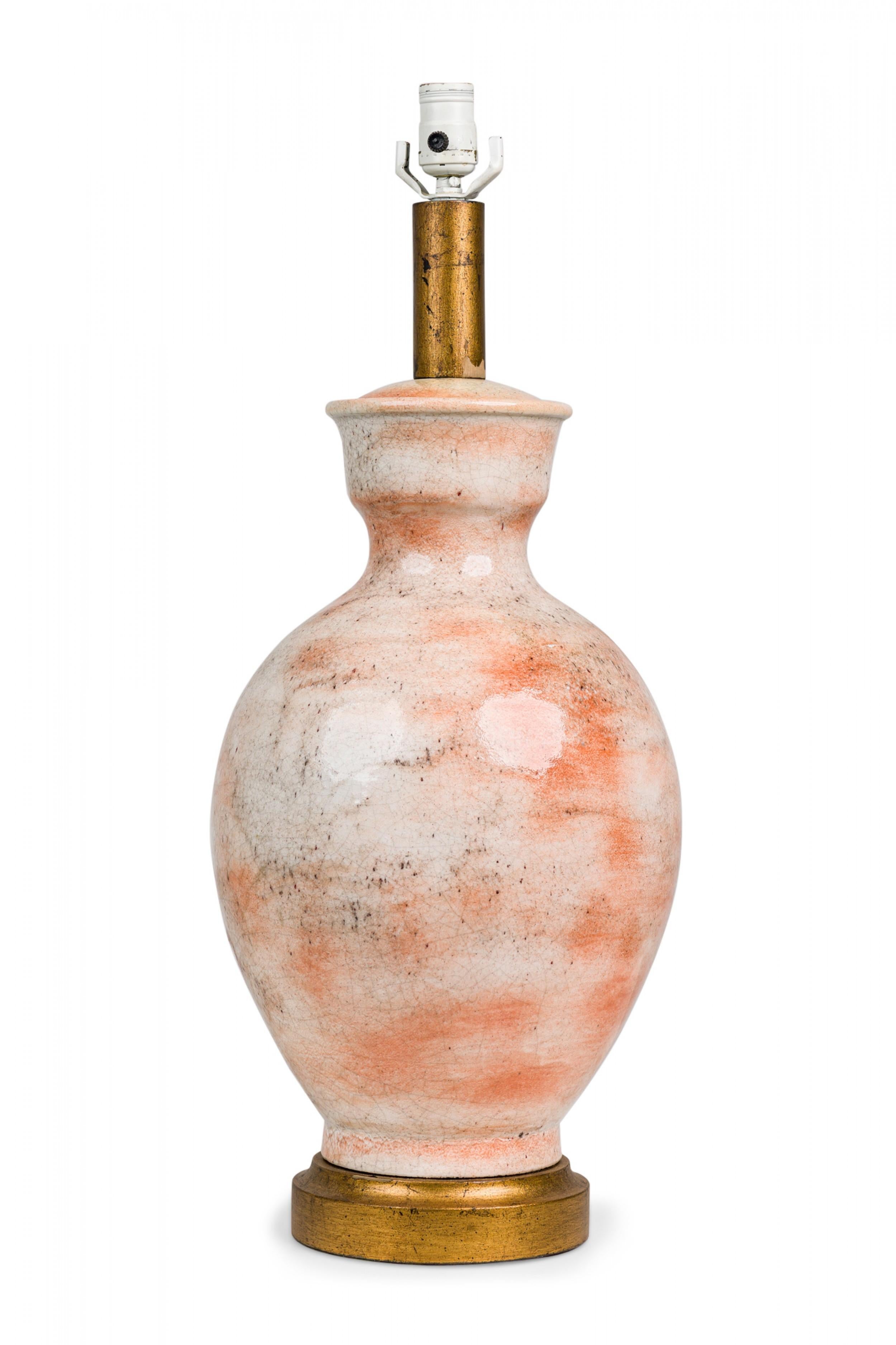 Mid-Century Modern Pair of Midcentury American Ceramic Orange Mottled Glaze Urn / Vase Table Lamps