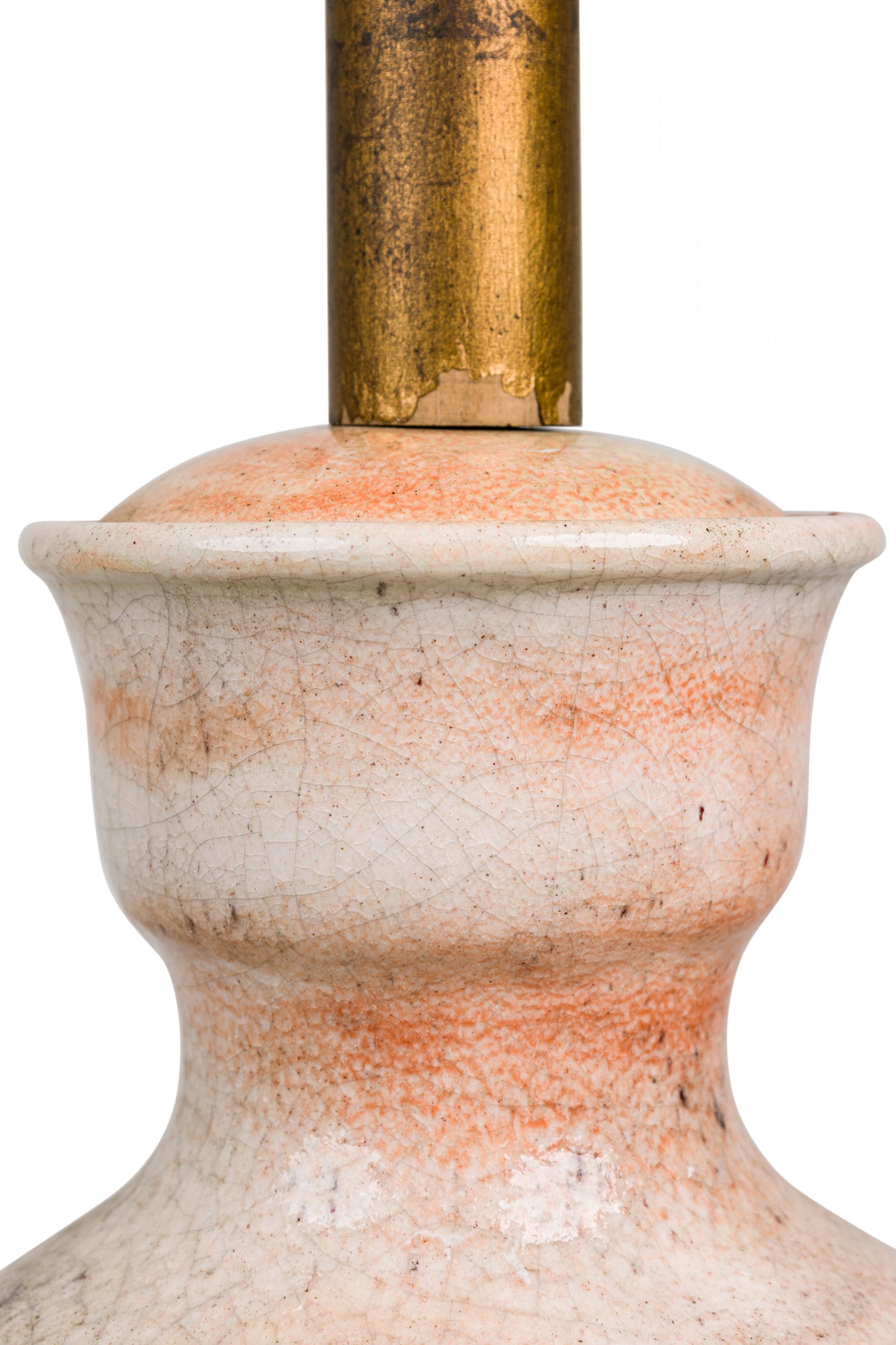Painted Pair of Midcentury American Ceramic Orange Mottled Glaze Urn / Vase Table Lamps
