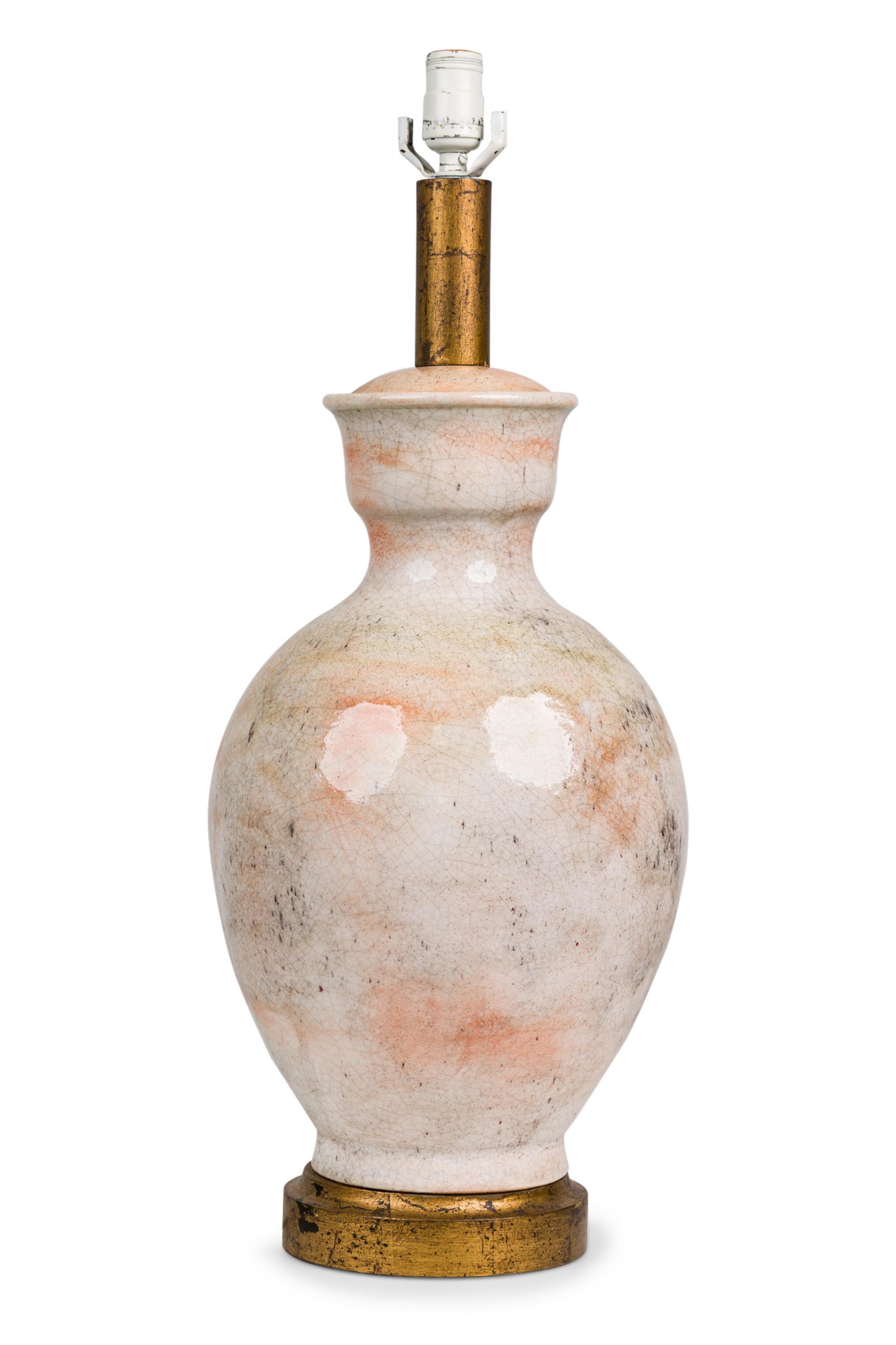 Metal Pair of Midcentury American Ceramic Orange Mottled Glaze Urn / Vase Table Lamps