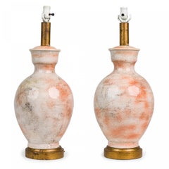 Pair of Midcentury American Ceramic Orange Mottled Glaze Urn / Vase Table Lamps