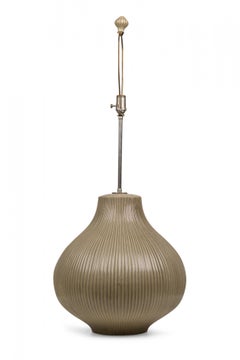 Pair of Midcentury American Ceramic Ribbed Gourd Large Green Table Lamps