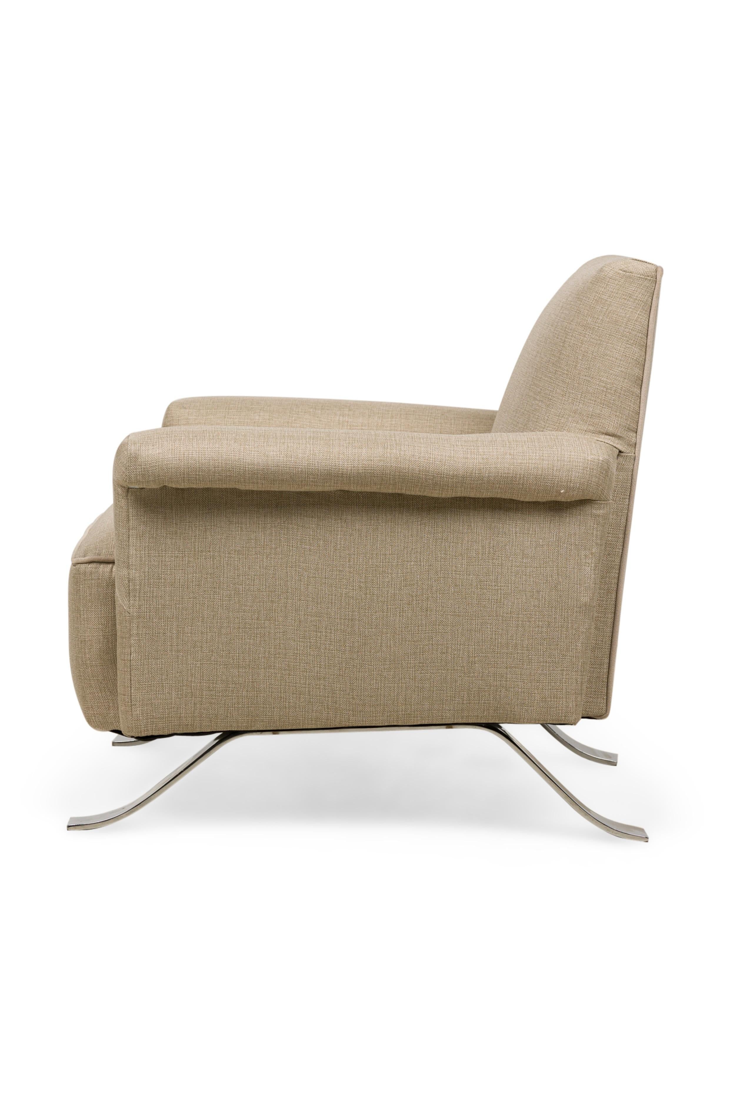 Woven Pair of Mid-Century American Chrome Beige Fabric Upholstered Lounge / Armchairs For Sale