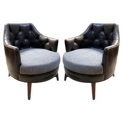 Pair of Mid-Century American Club Chairs with Tufted Leather and Fabric. 1950's