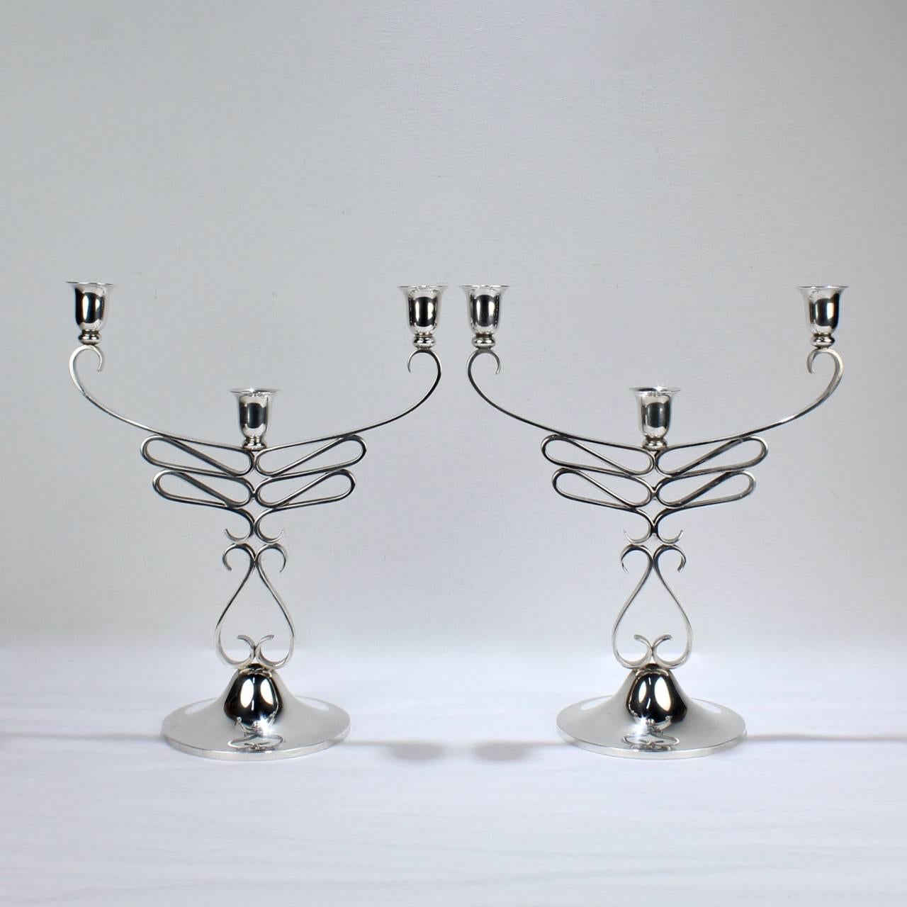 Mid-Century Modern Pair of Mid-Century American Craft Sterling Silver Candelabra by A. Sciarrotta