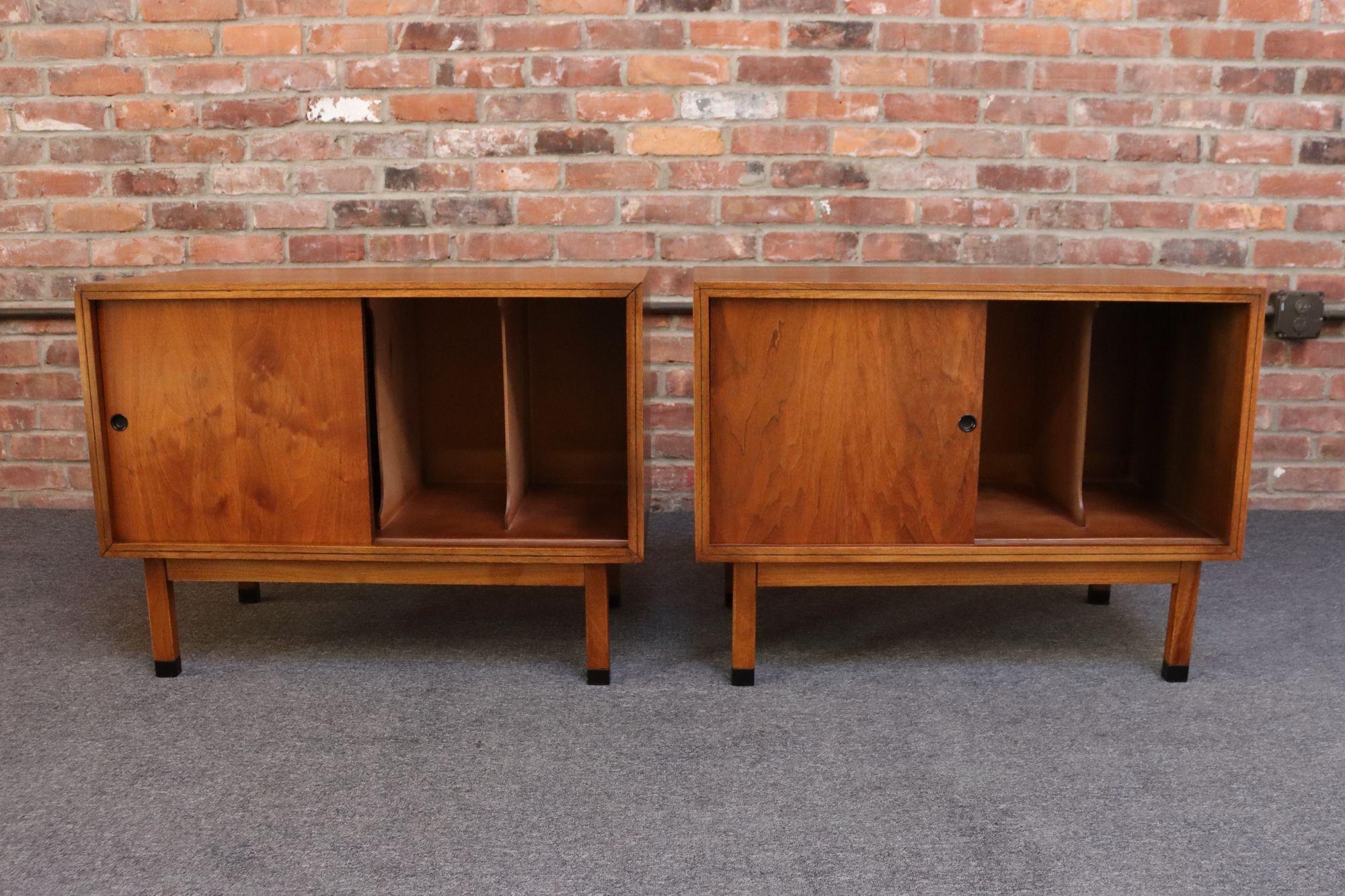 Metal Pair of Mid-Century American Modern Walnut Record Cabinets by Lane