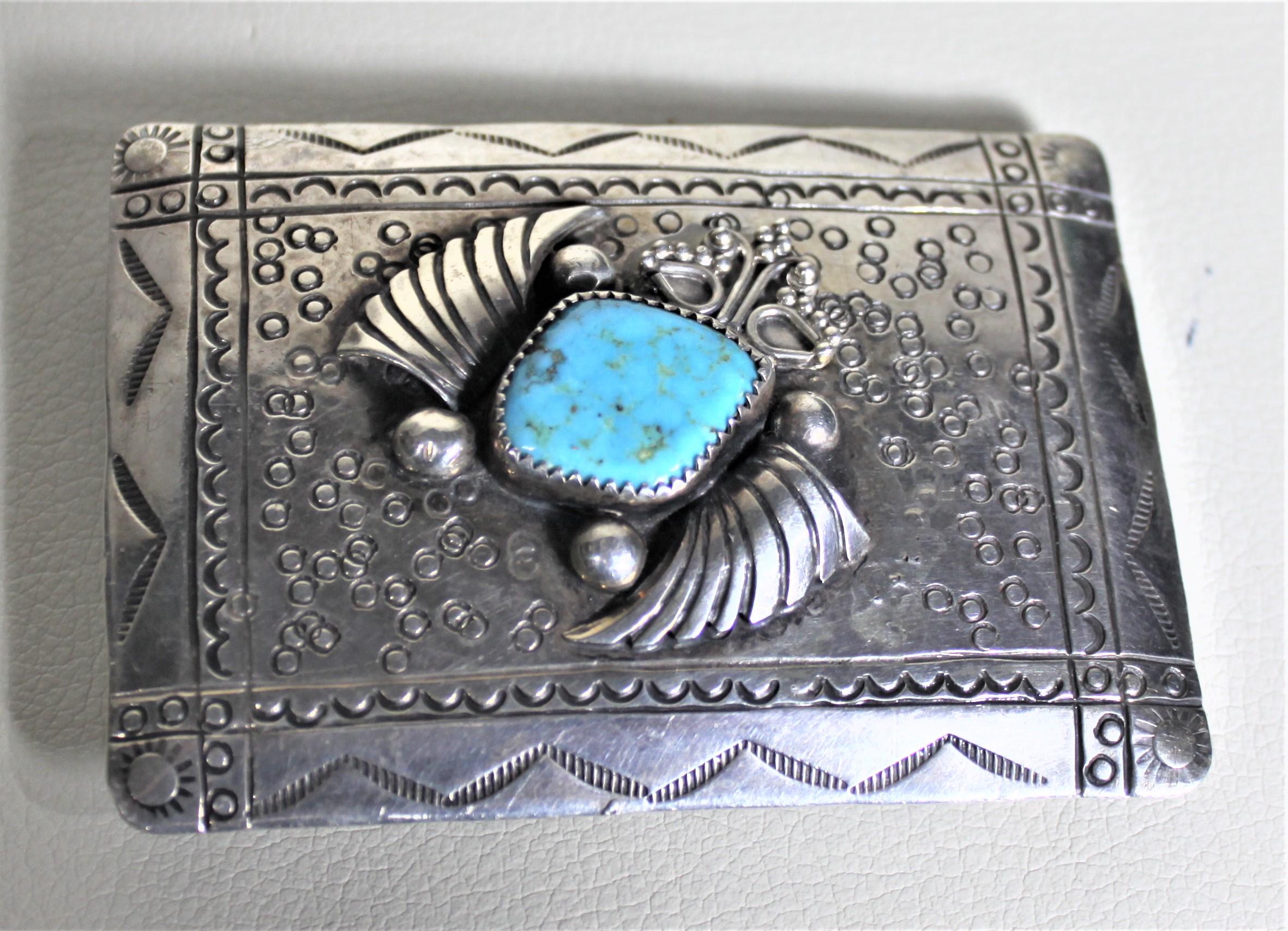 Native American Pair of Mid-Century American Navajo Styled Turquoise and Silver Belt Buckles For Sale