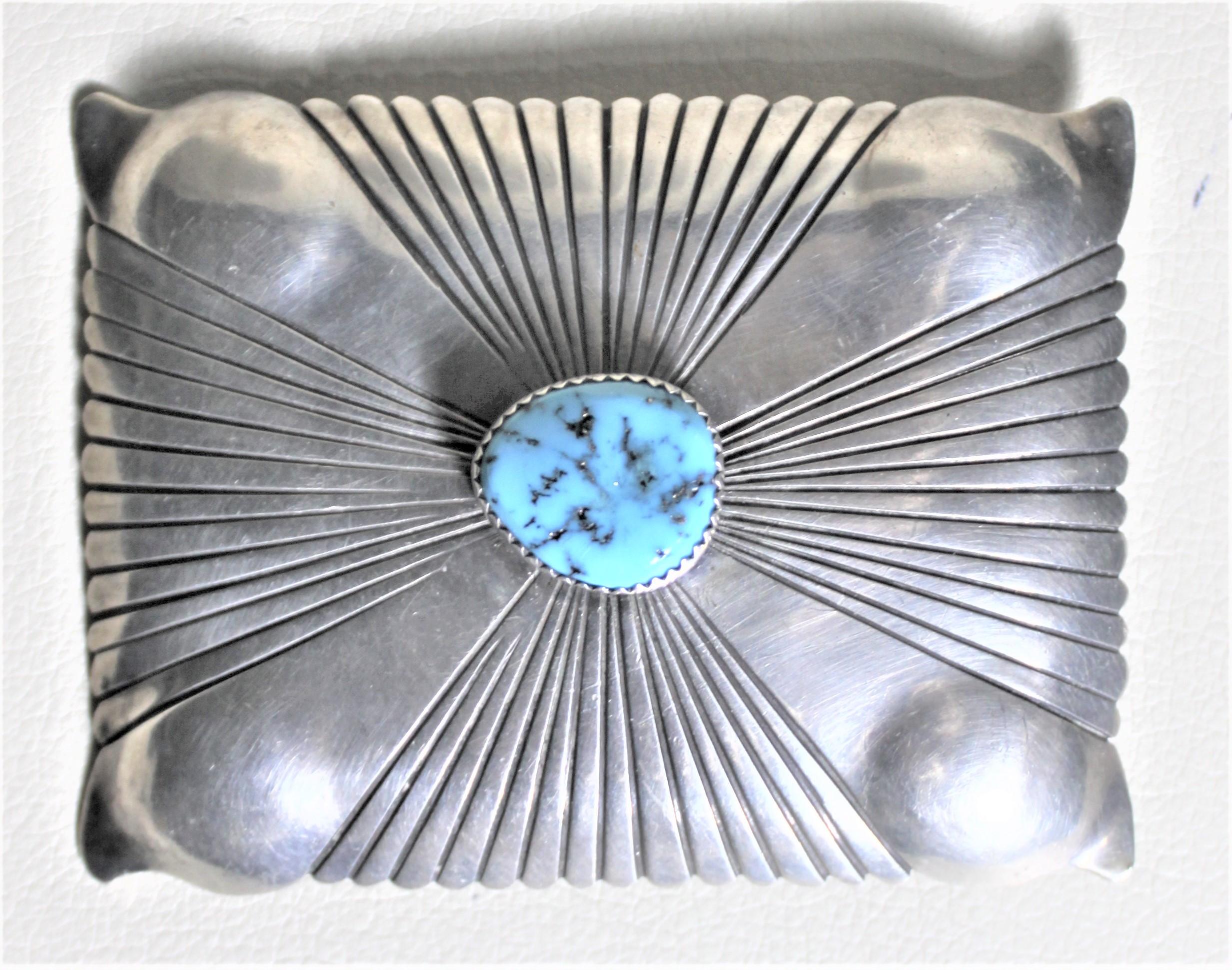 Hand-Crafted Pair of Mid-Century American Navajo Styled Turquoise and Silver Belt Buckles For Sale