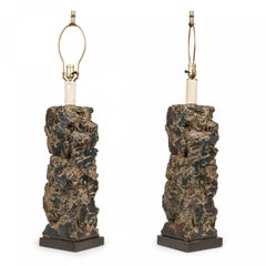Pair of Midcentury American Plaster Tromp L'oeil "Rock Column" Table Lamps