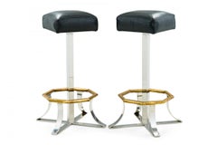 Pair of Mid-Century American Polished Chrome, Brass and Black Leather Barstools