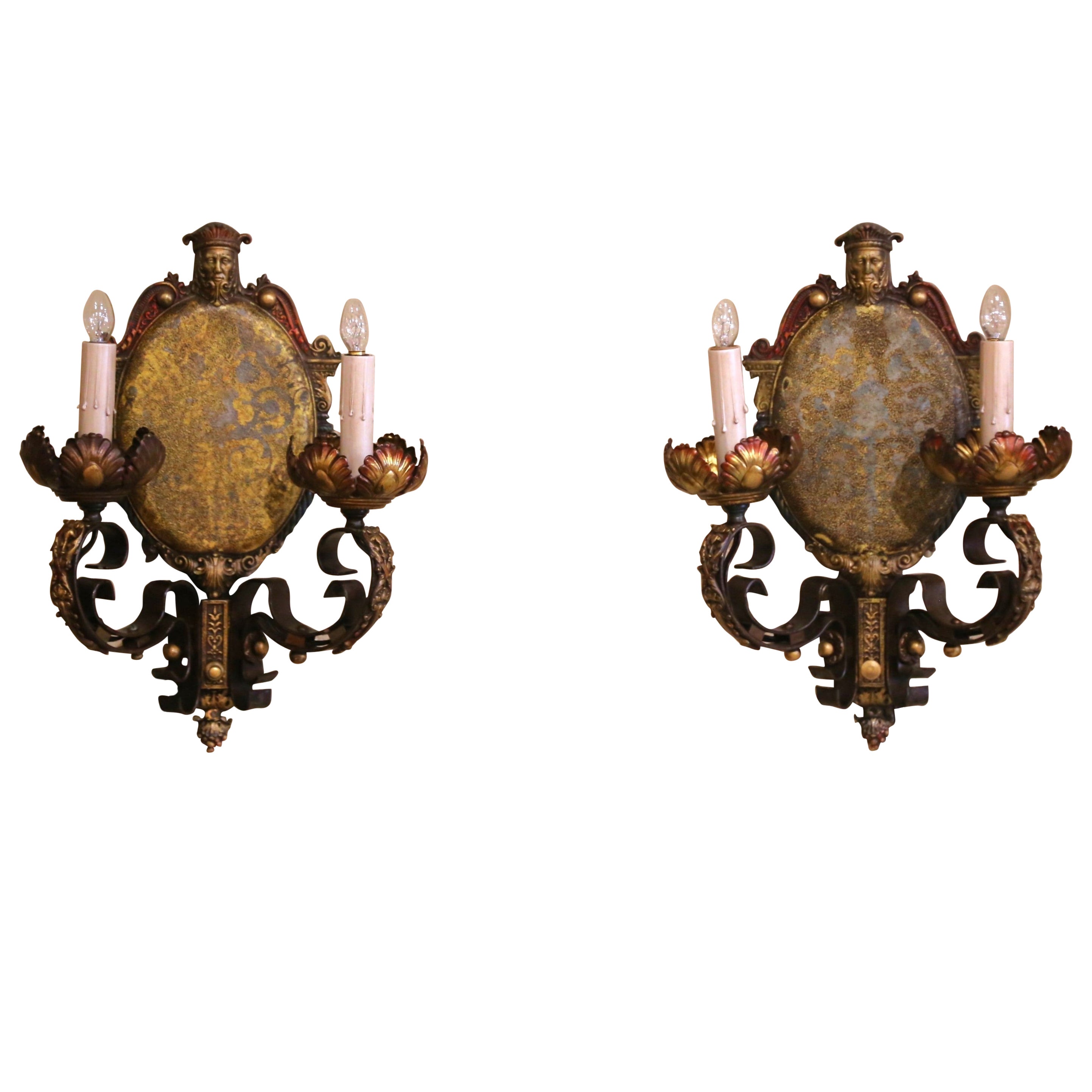 Pair of Mid-Century American Renaissance Revival Iron Two-Light Sconces