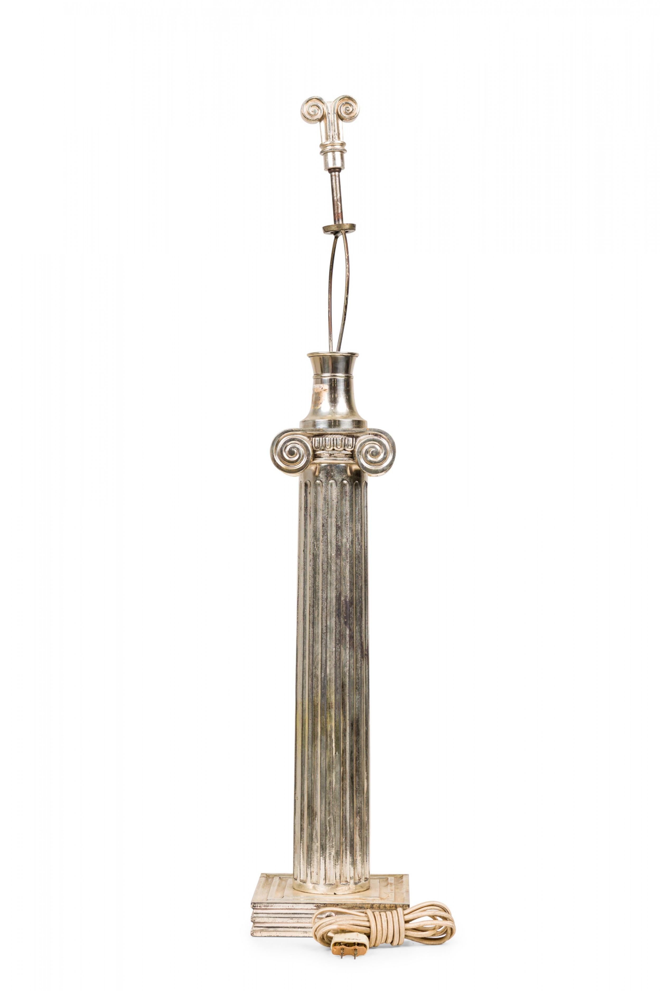 20th Century Pair of Midcentury American Silver Plate Ionic Order Column Table Lamps For Sale