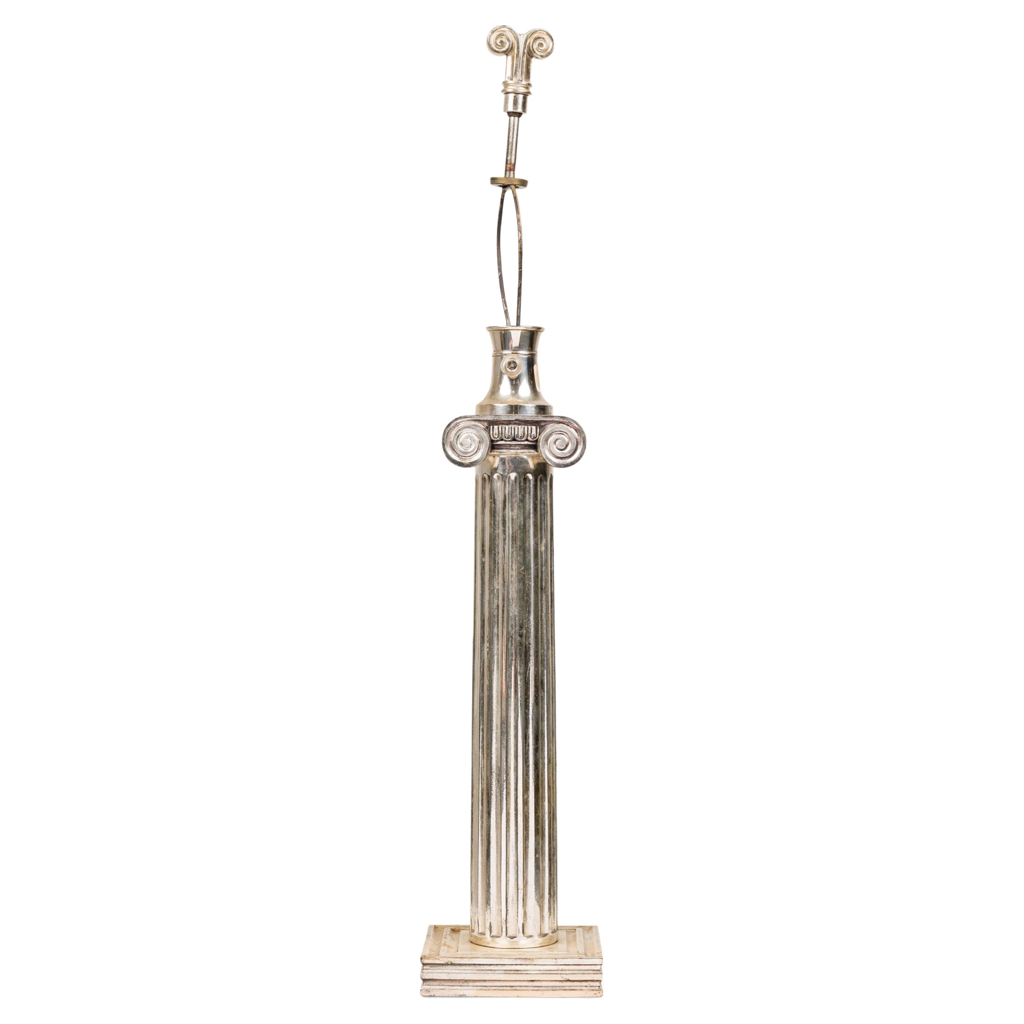 Pair of Midcentury American Silver Plate Ionic Order Column Table Lamps For Sale