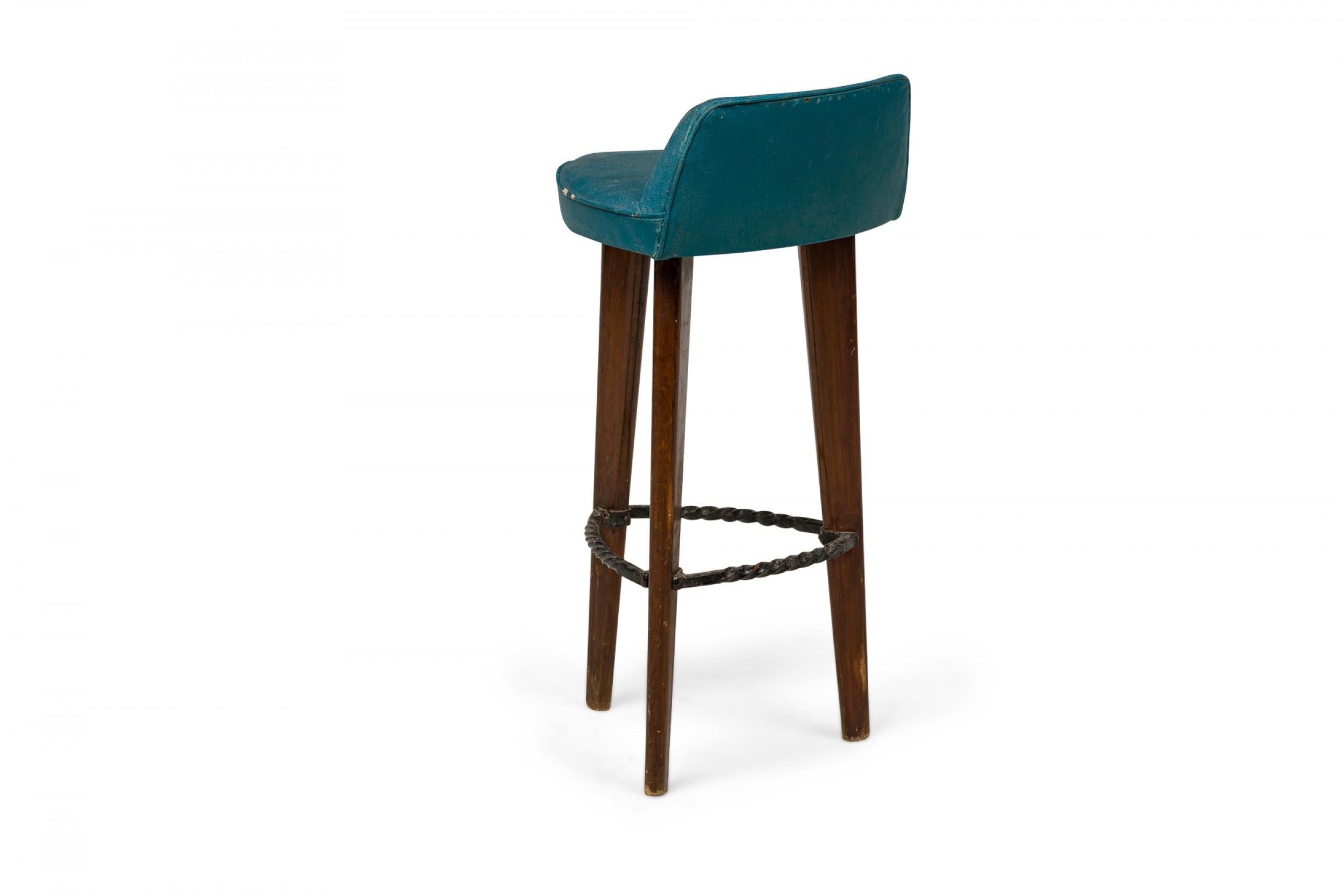 Pair of Mid-Century American Triangular Blue Vinyl Upholstered Wood Bar Stools In Good Condition For Sale In Queens, NY
