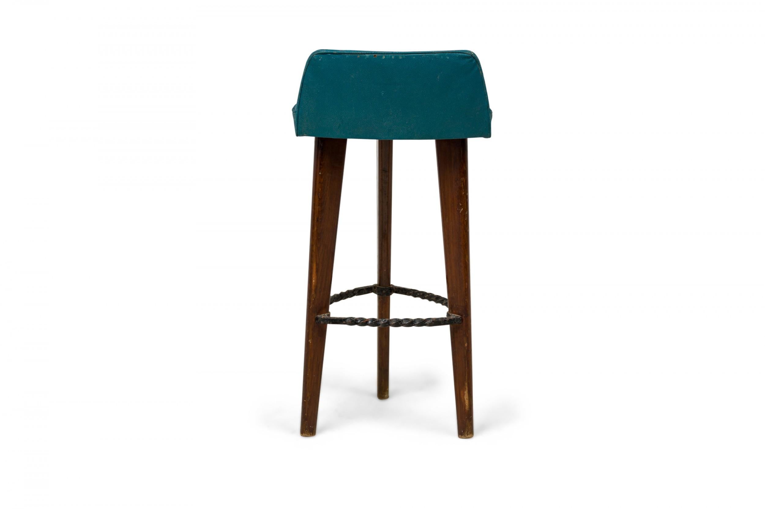 20th Century Pair of Mid-Century American Triangular Blue Vinyl Upholstered Wood Bar Stools For Sale