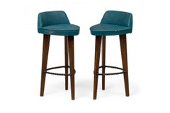 Pair of Mid-Century American Triangular Blue Vinyl Upholstered Wood Bar Stools