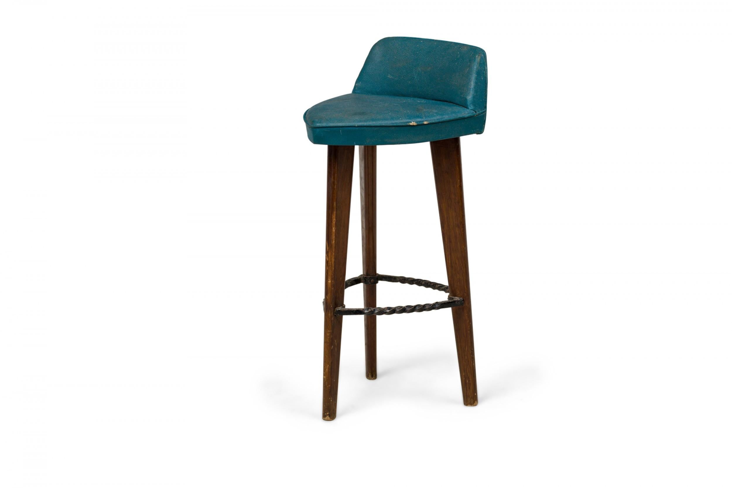 Mid-Century Modern Pair of Mid-Century American Triangular Blue Vinyl Upholstered Wood Bar Stools For Sale