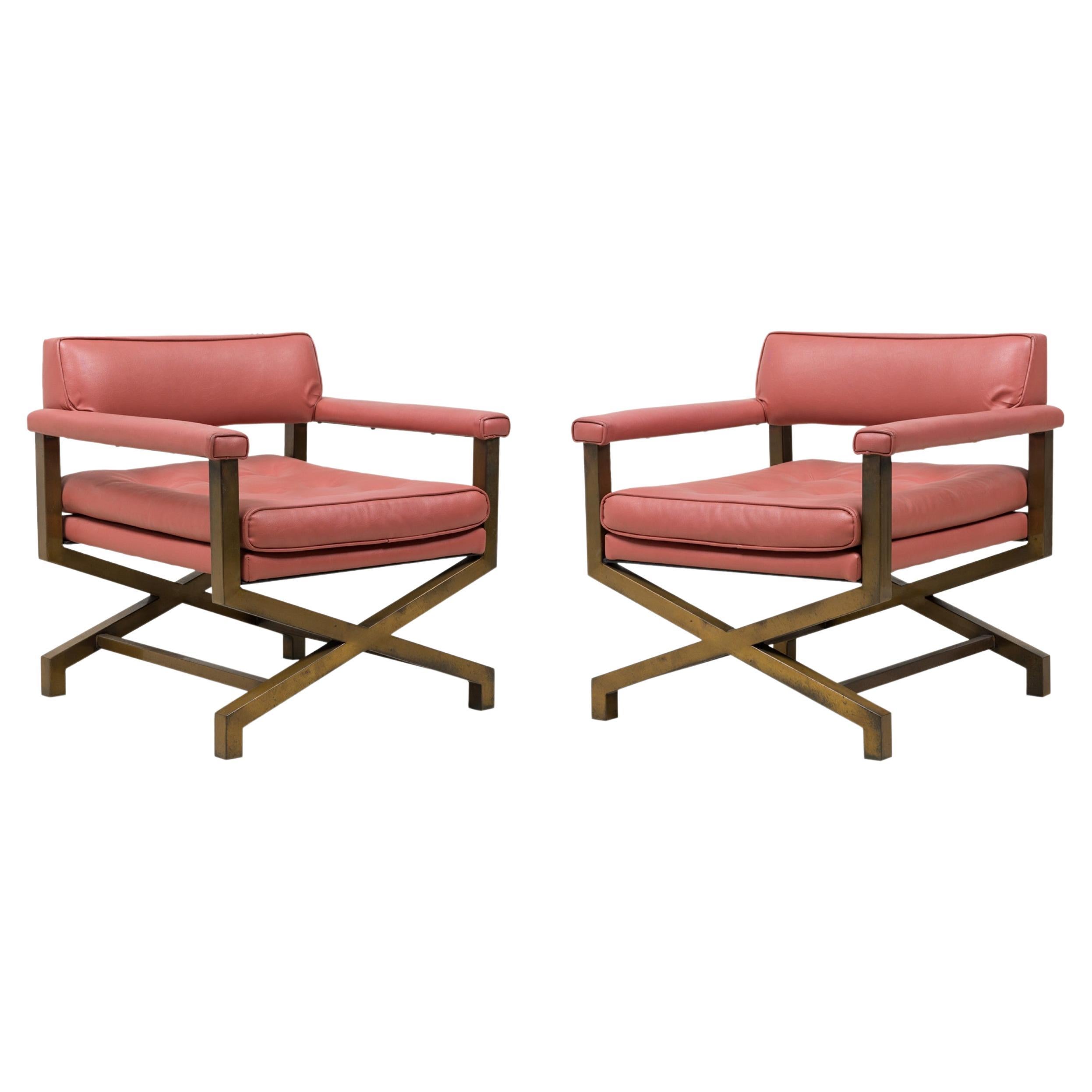 Pair of Midcentury American Upholstered Campaign / Armchairs For Sale