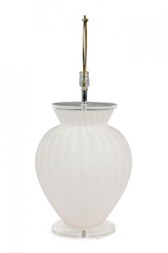 Pair of Mid-Century American White Frosted and Striped Footed Glass Table Lamps