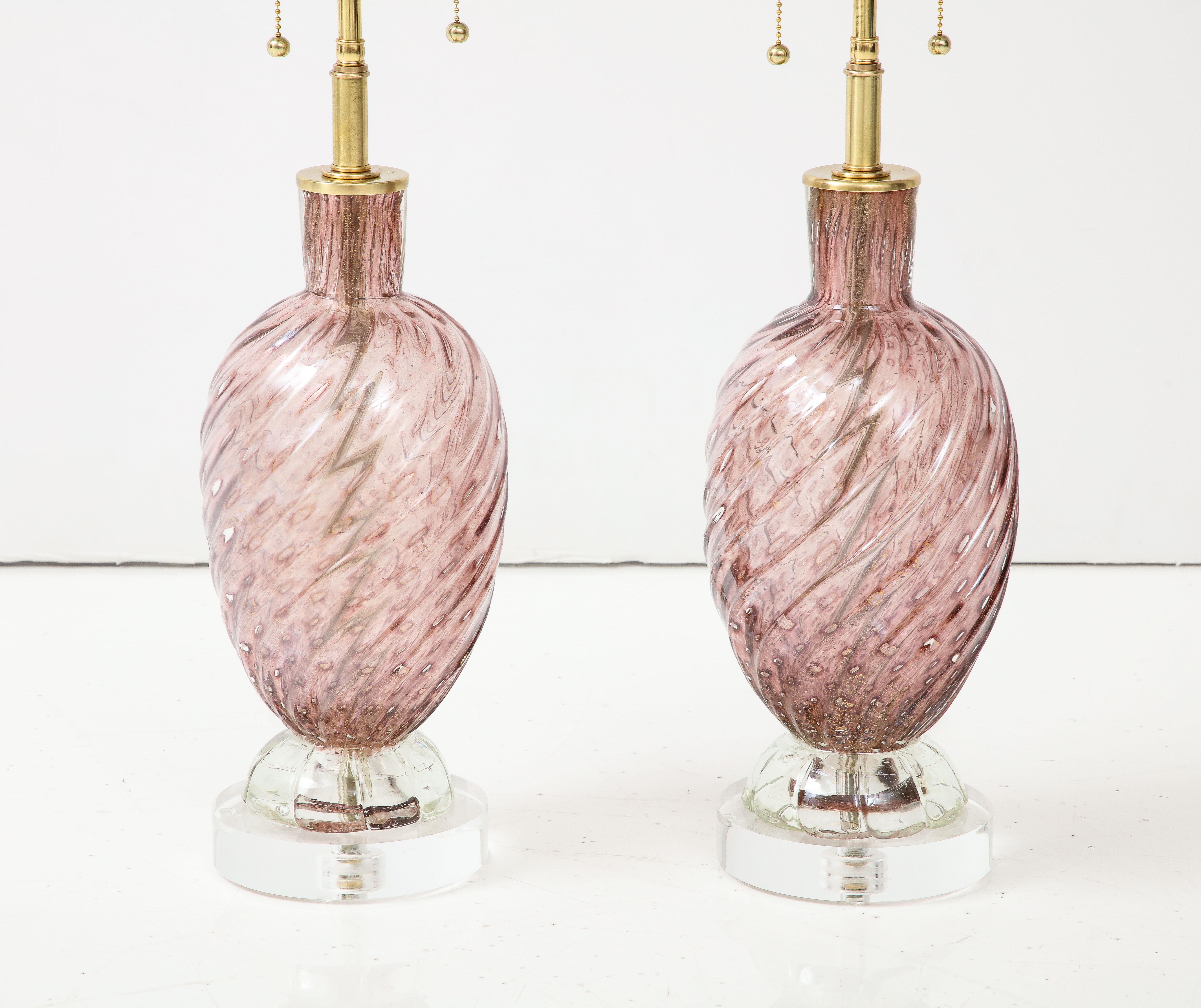 Italian Pair of Mid -Century Amethyst Colored Murano Glass Lamps by Barovier
