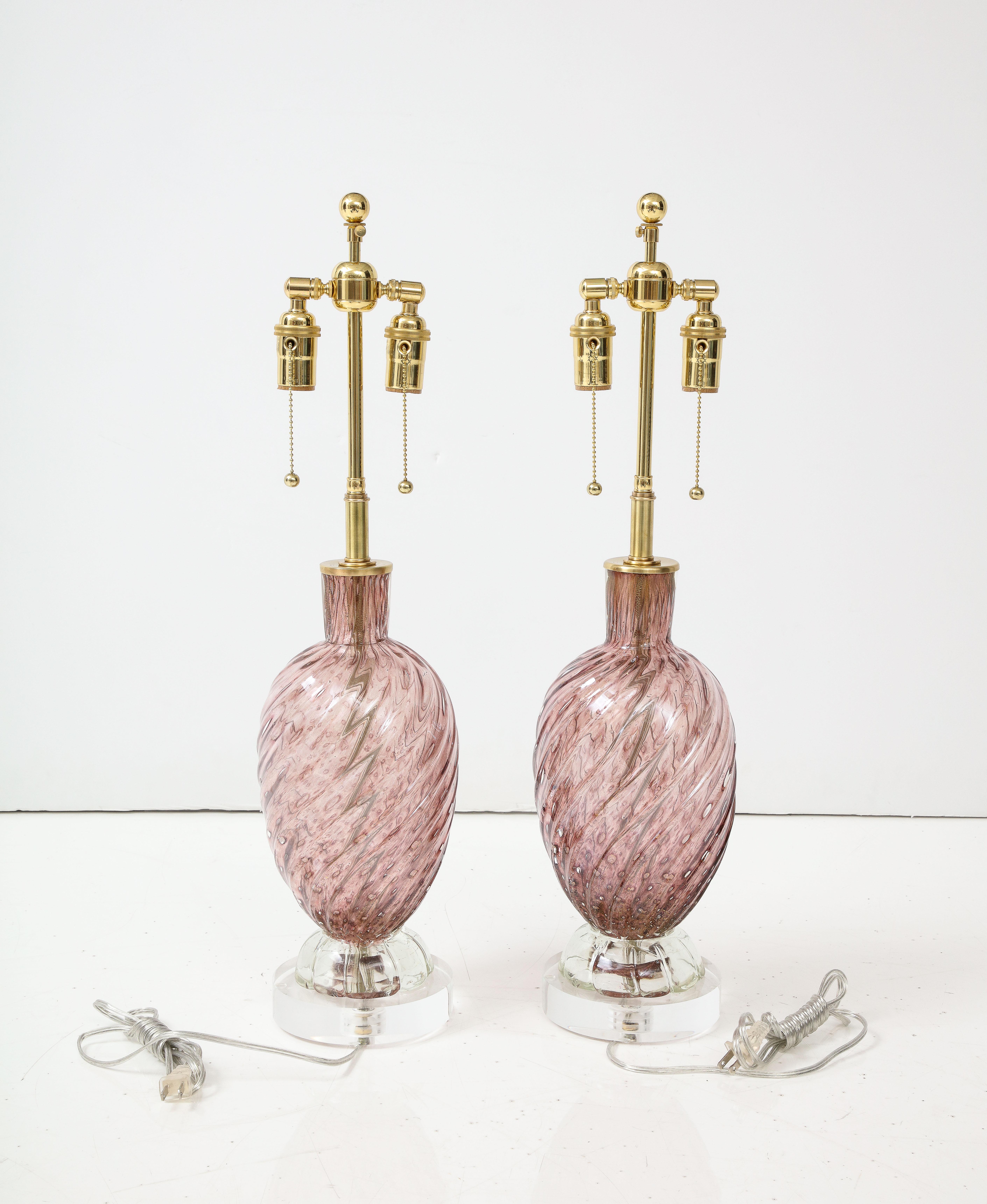 Pair of Mid -Century Amethyst Colored Murano Glass Lamps by Barovier 3