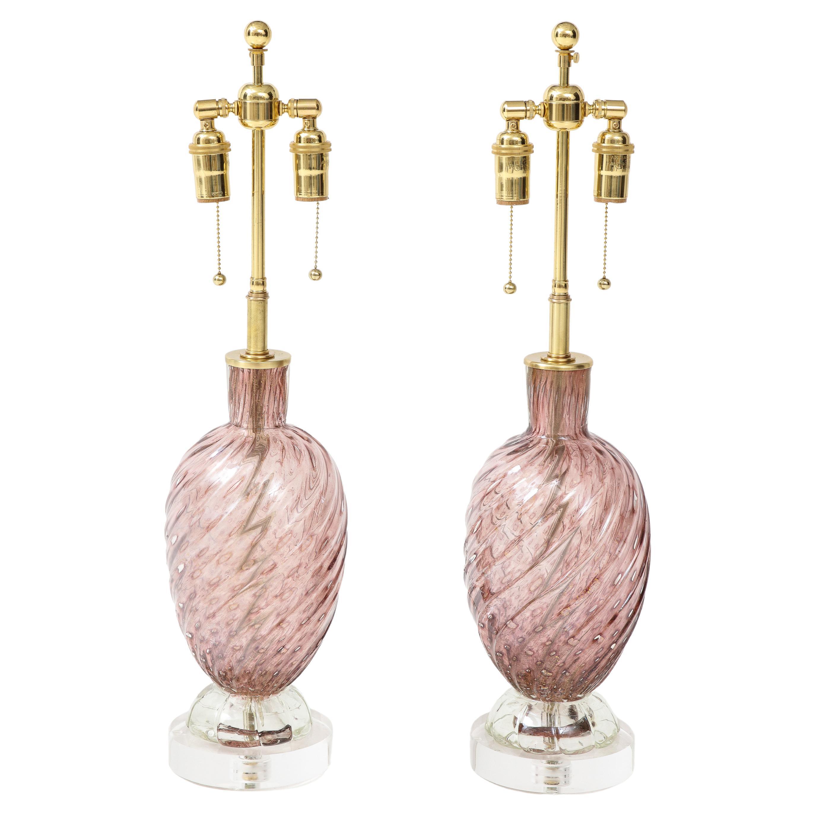 Pair of Mid -Century Amethyst Colored Murano Glass Lamps by Barovier