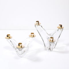 Pair of Mid-Century Amorphic Crystal & Brass 3 Arm Candelabra Signed Schneider