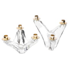 Pair of Mid-Century Amorphic Crystal & Brass 3 Arm Candelabra Signed Schneider