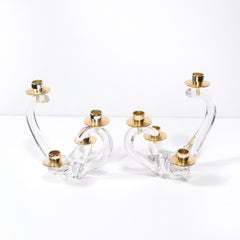 Pair of Mid-Century Amorphic Crystal & Brass 4 Arm Candelabras Signed Schneider