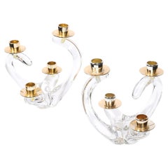 Pair of Mid-Century Amorphic Crystal & Brass 4 Arm Candelabras Signed Schneider