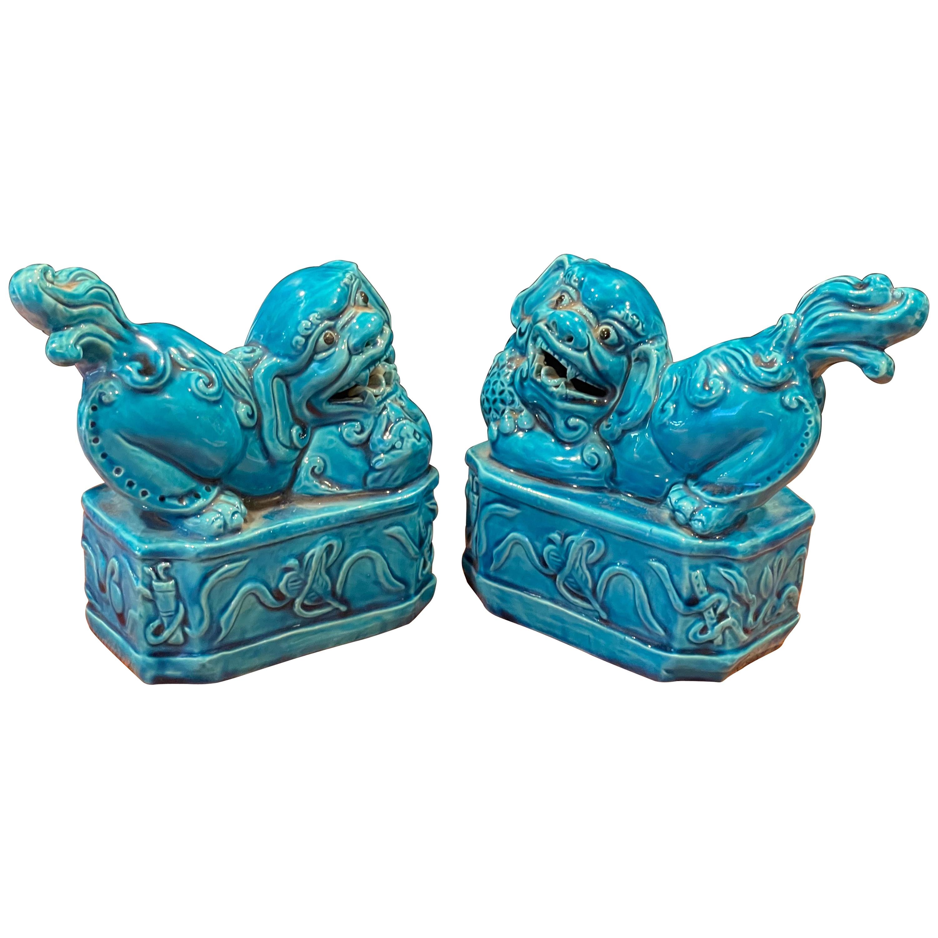 Pair of Mid-Century Aqua Ceramic Foo Dogs / Bookends For Sale