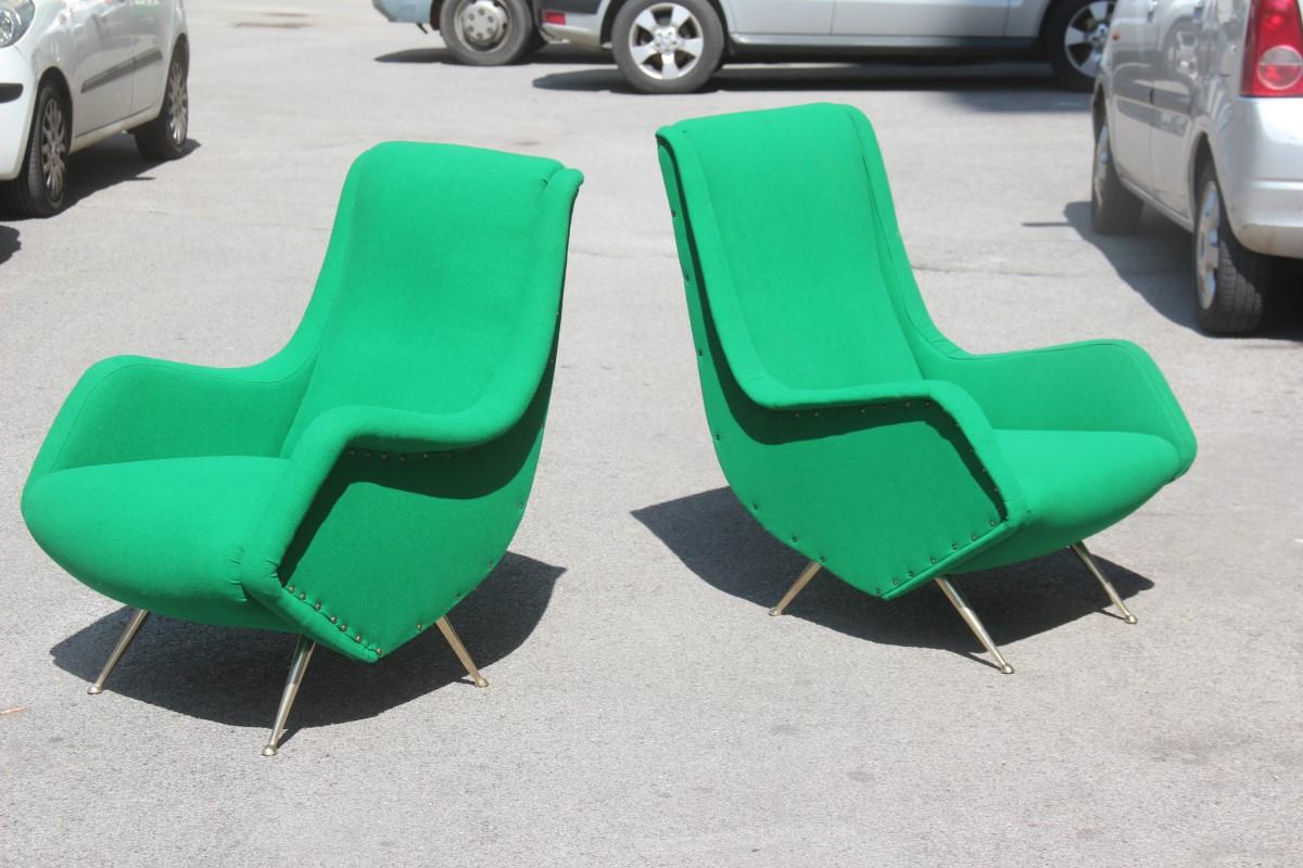 Italian Pair of Midcentury Armchairs Aldo Morbelli Green Brass Gold Feat Geometric Shape