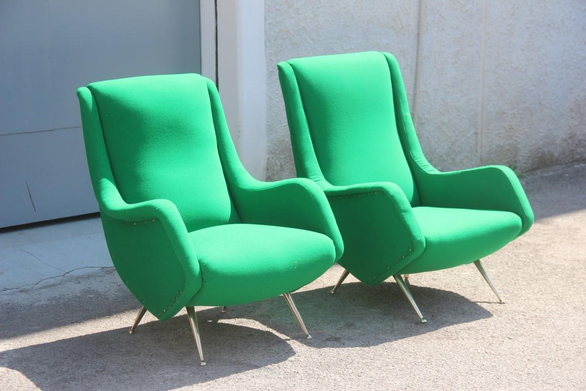 Pair of Midcentury Armchairs Aldo Morbelli Green Brass Gold Feat Geometric Shape In Good Condition In Palermo, Sicily