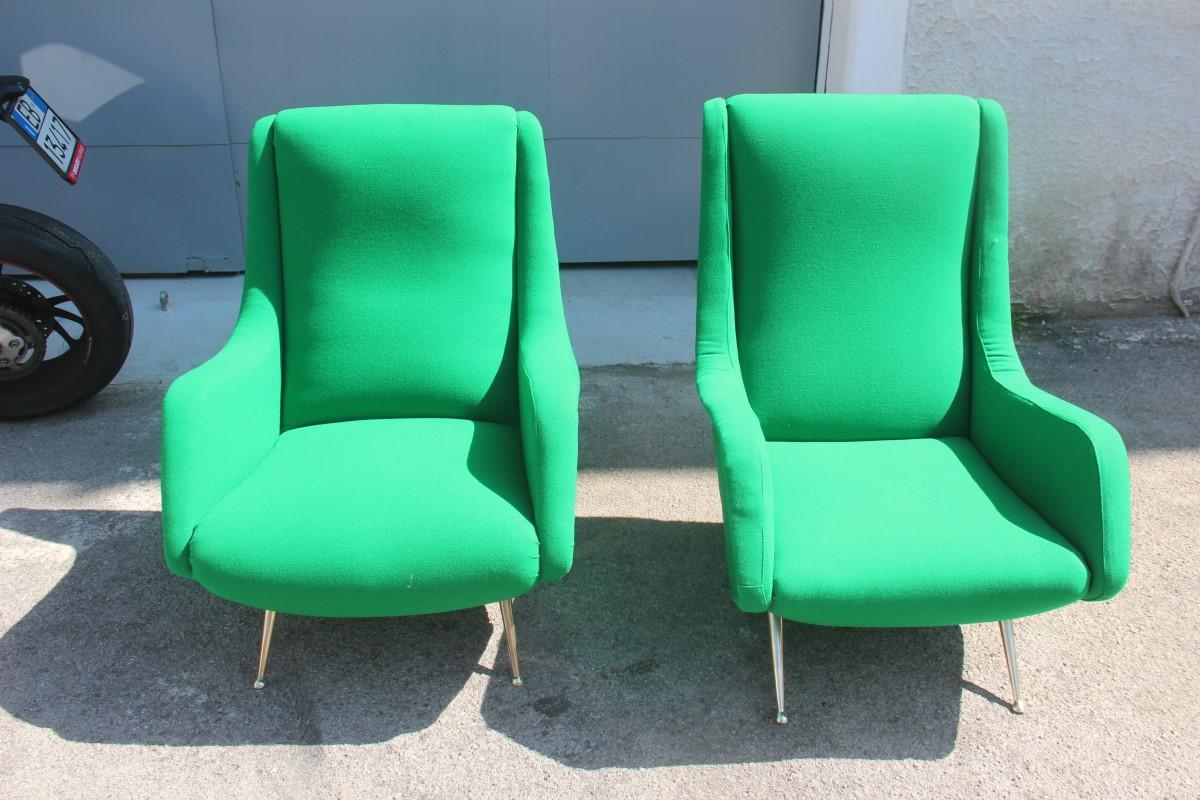 Mid-20th Century Pair of Midcentury Armchairs Aldo Morbelli Green Brass Gold Feat Geometric Shape