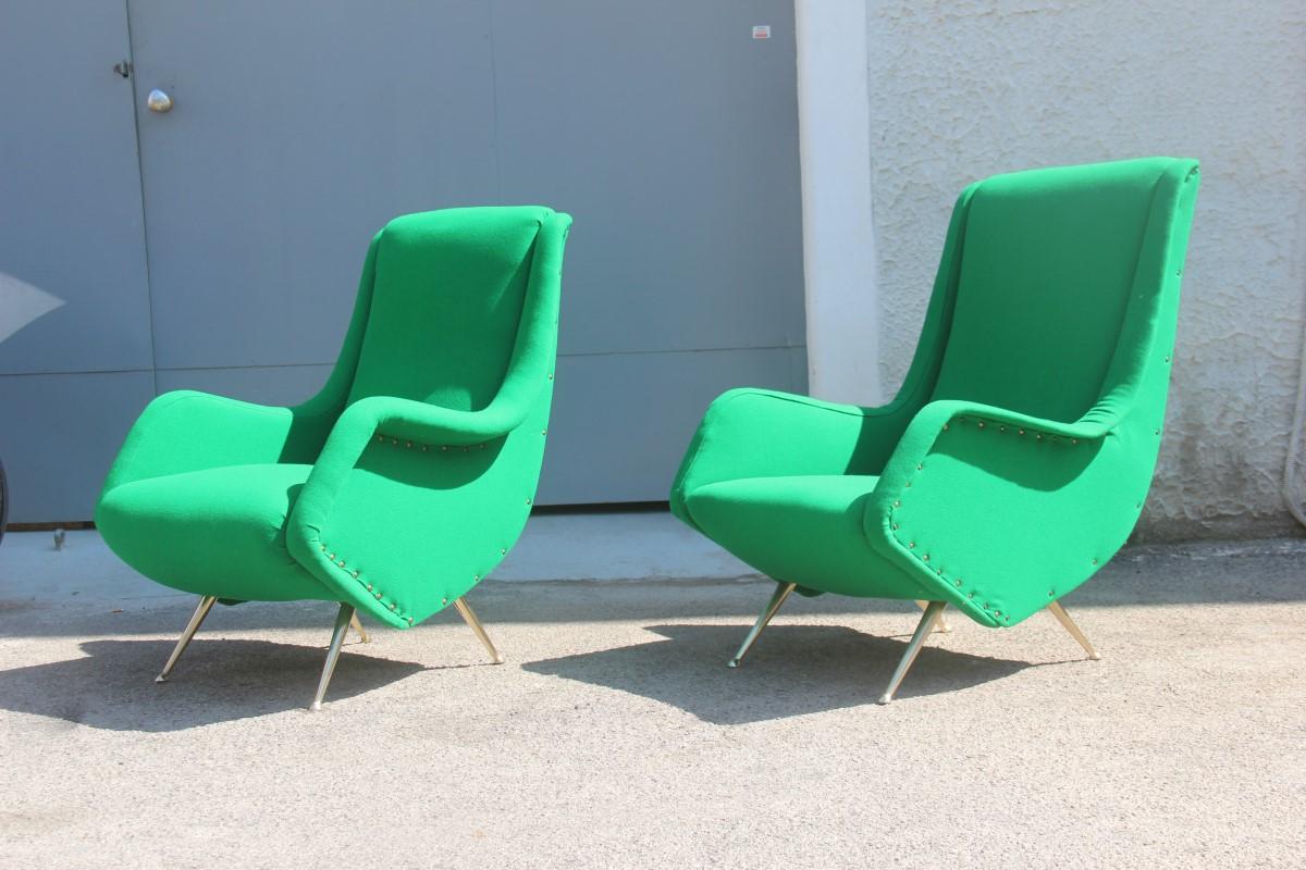 Pair of Midcentury Armchairs Aldo Morbelli Green Brass Gold Feat Geometric Shape 1