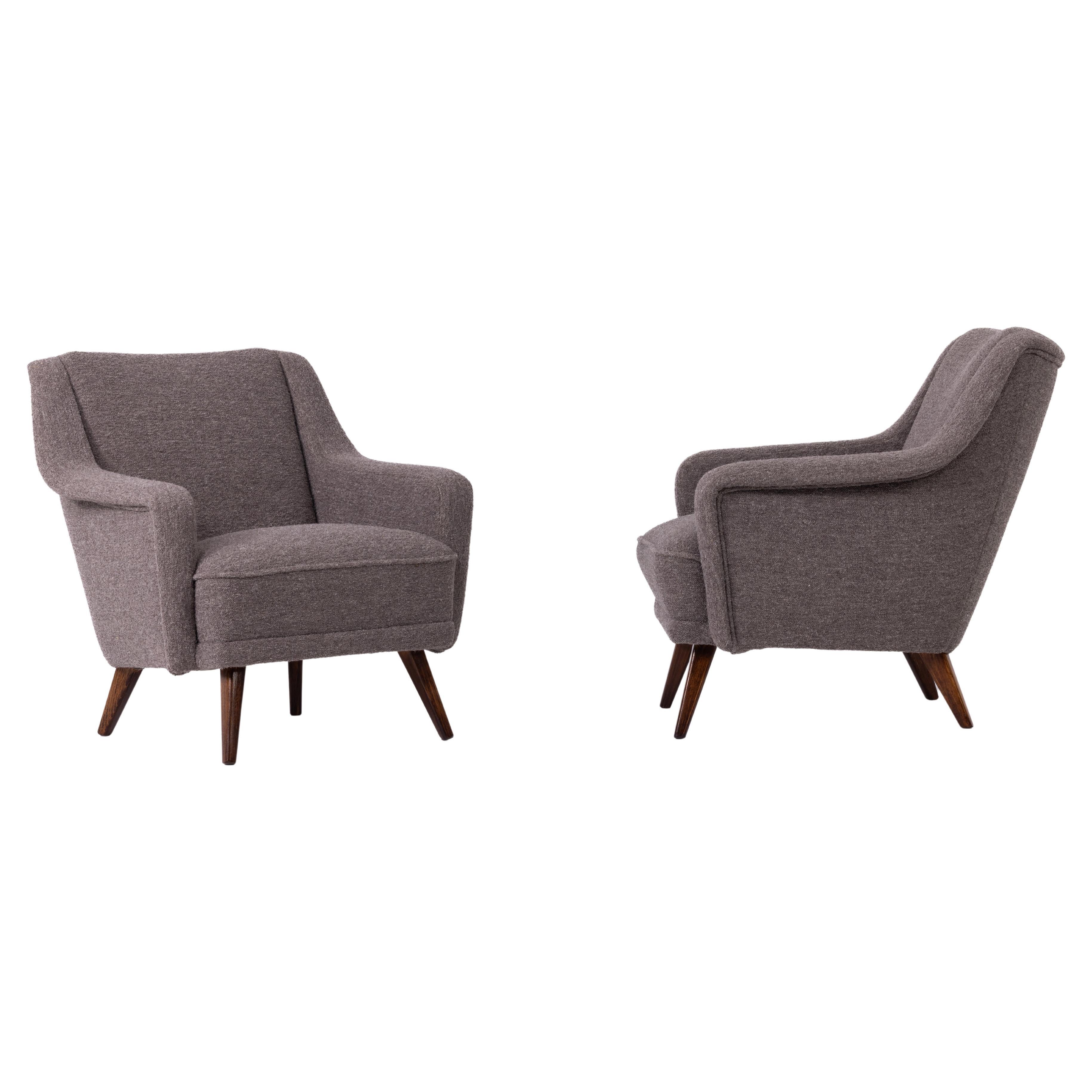 Pair of Mid-century armchairs, Austria 1950s, Newly Reupholstered, Linen Fabric